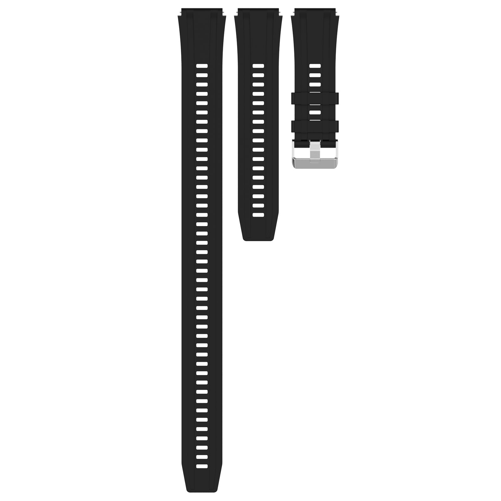Drei schwarze Uhrenarmbänder. Zwei sind lang und haben Löcher, und eines ist kürzer mit einer Schnalle.