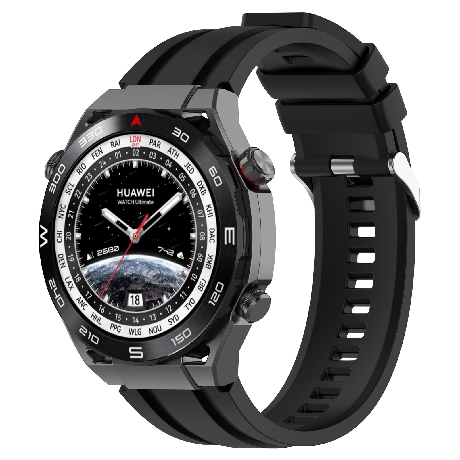 Schwarze Huawei Watch Ultimate Smartwatch mit Weltzeit-Lünette und schwarzem Armband.