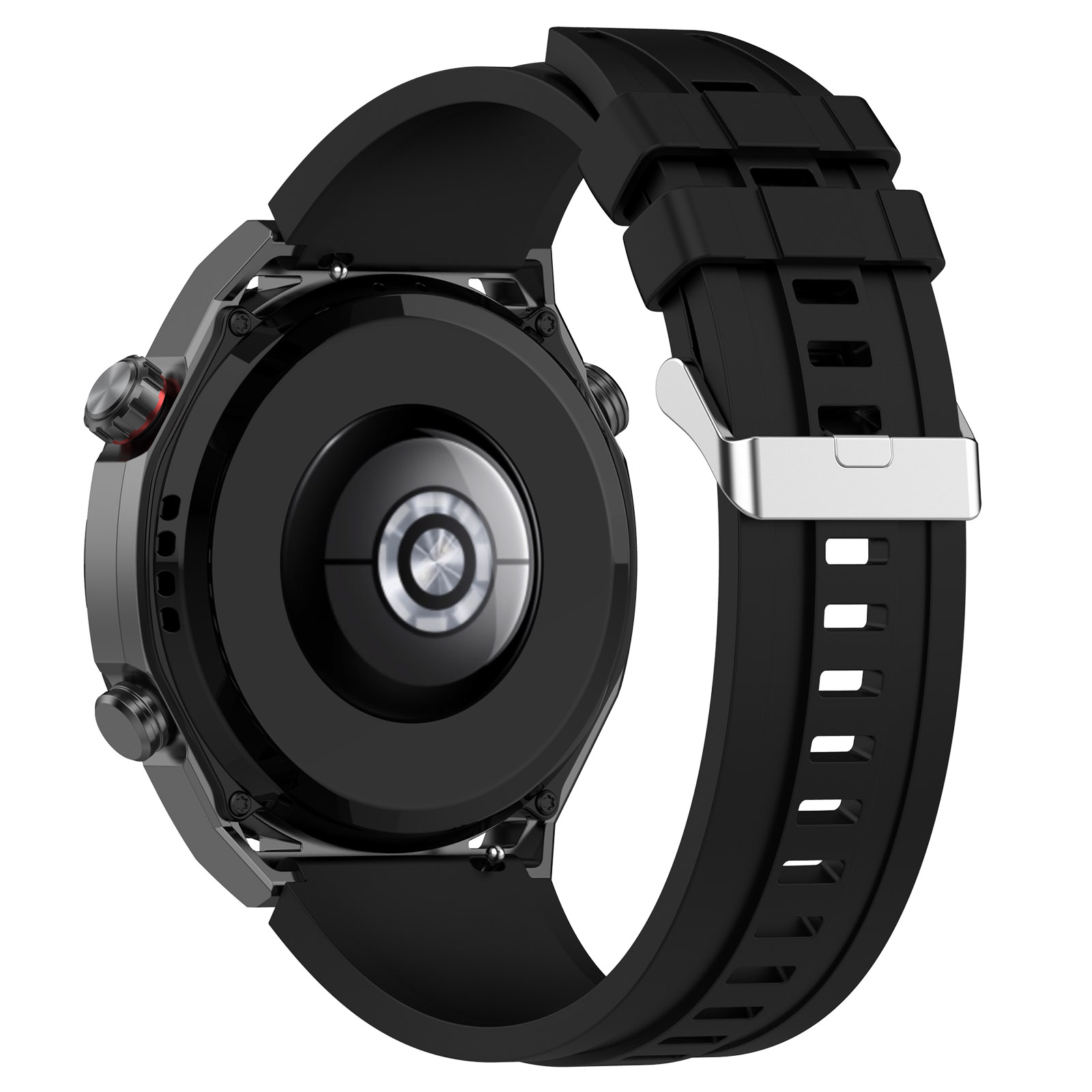 Schwarze Smartwatch, Rückansicht, zeigt den Sensor und das schwarze Armband.