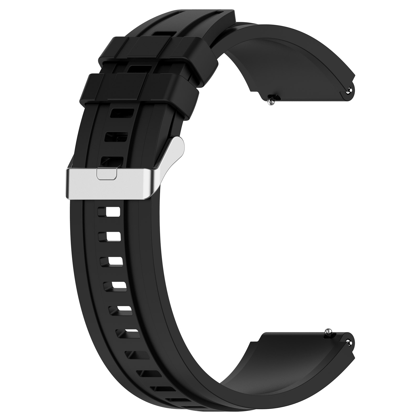 Ein schwarzes Uhrenarmband mit silberner Schnalle. Es ist C-förmig gebogen.
