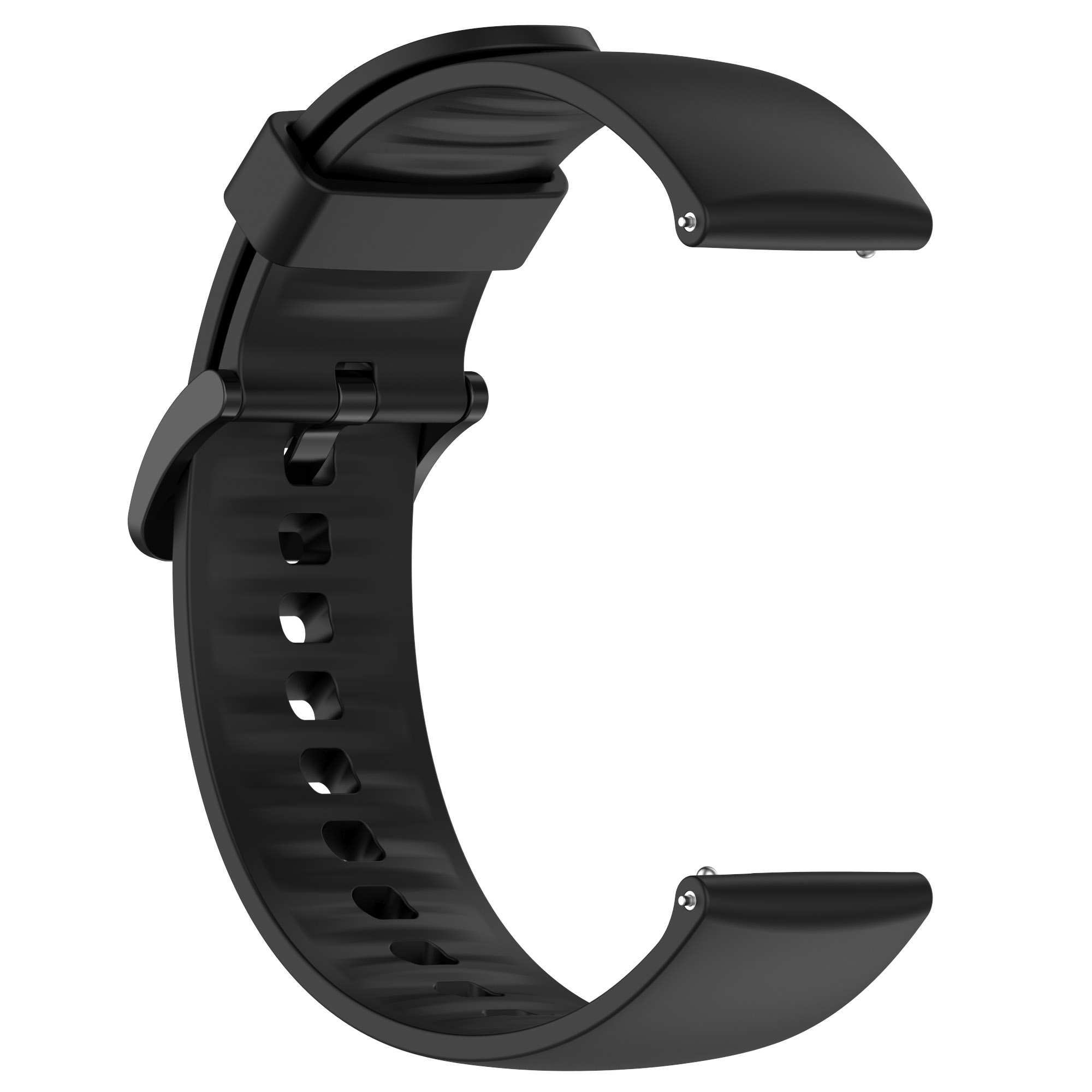 Ein schwarzes Uhrenarmband, gebogen, mit zwei Anschlüssen und einer Schnalle.