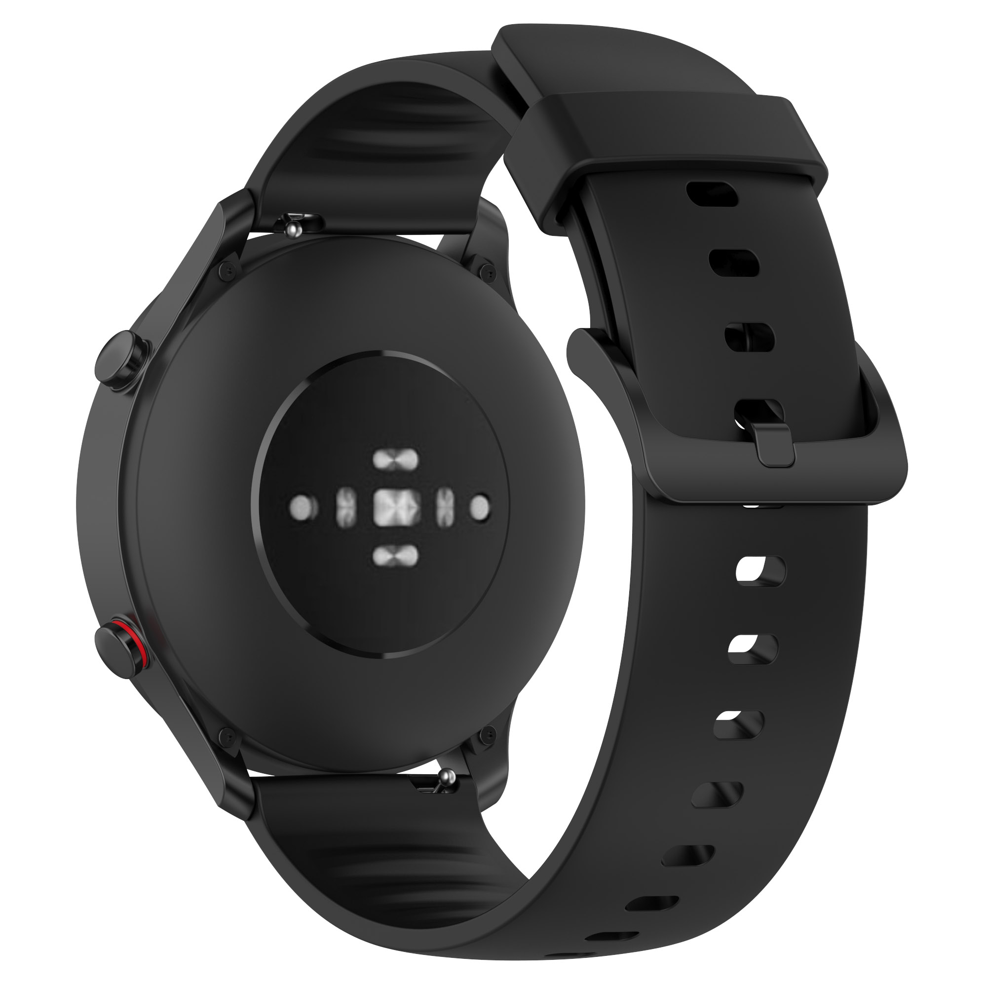 Eine schwarze Smartwatch mit rundem Zifferblatt und schwarzem Armband. Die Rückseite zeigt Sensoren und Kontaktpunkte.