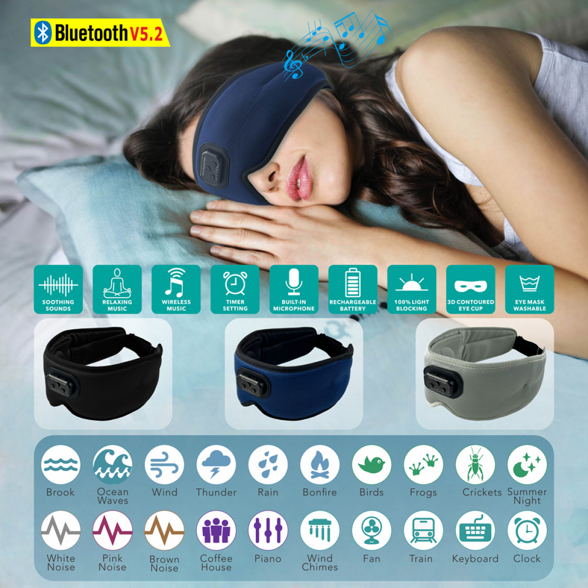 Una maschera per dormire con icone per le funzioni e tre maschere sotto, con una donna che dorme.