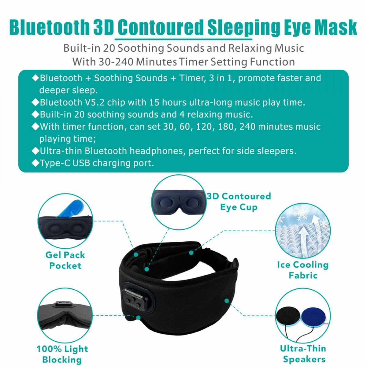 INF 3D-Schlafmaske Bluetooth-Schlafkopfhörer, Bluetooth Kopfhörer Over-ear Schwarz