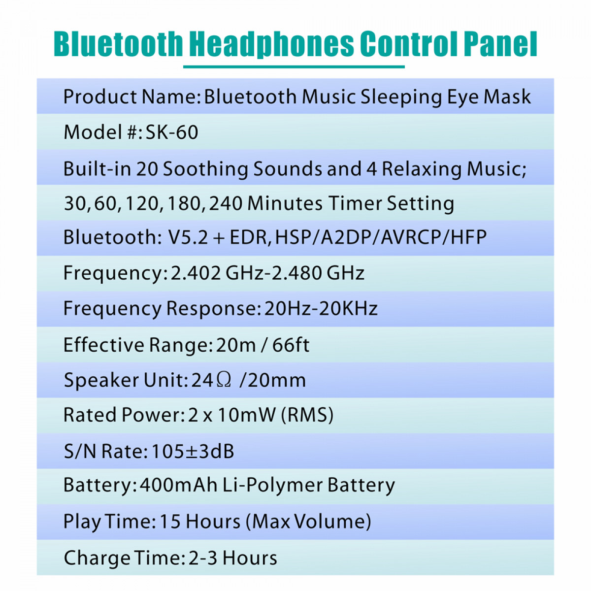 Un foglio informativo del prodotto per una maschera per gli occhi Bluetooth per dormire, che elenca caratteristiche e specifiche.