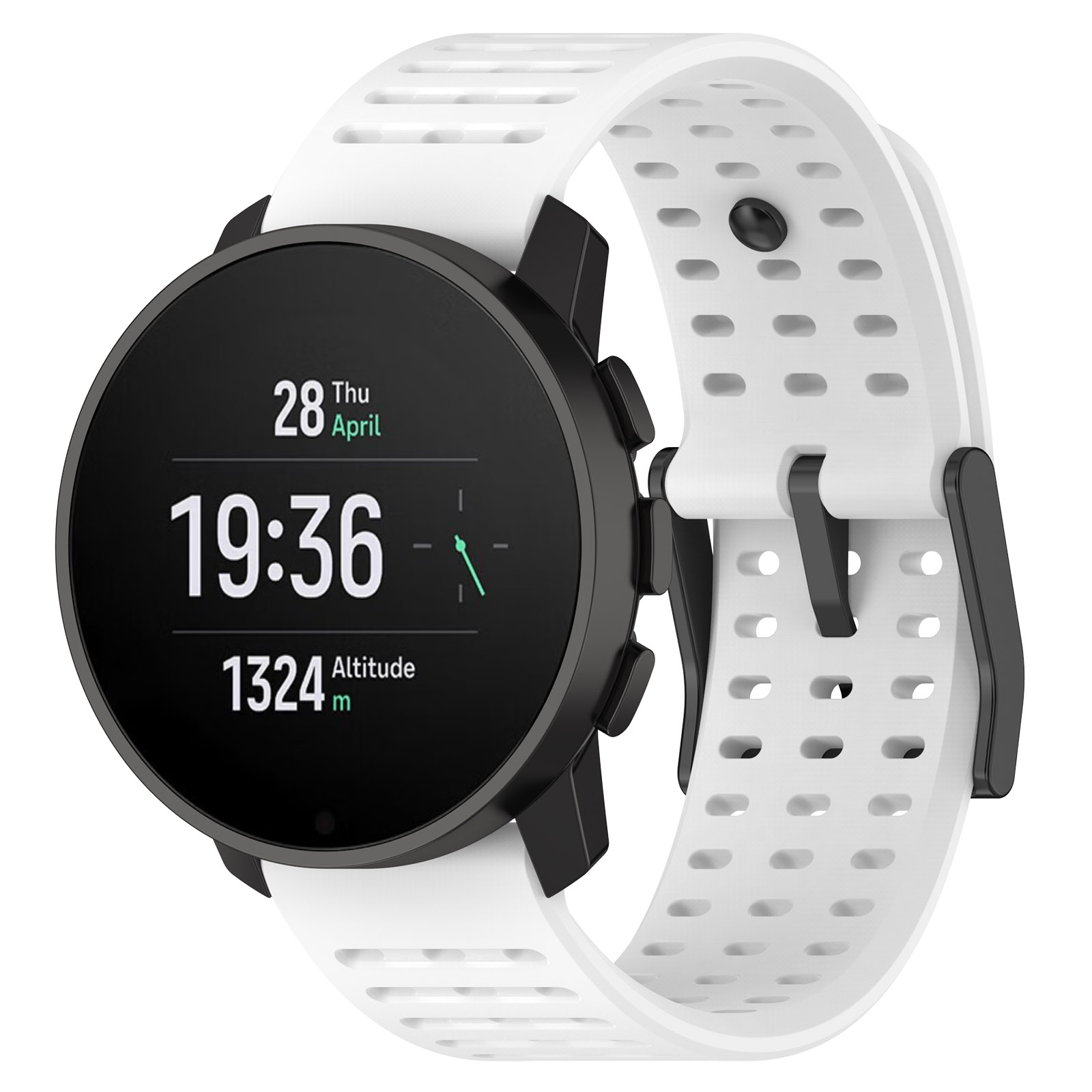 Smartwatch mit weißem Armband, zeigt Zeit, Datum und Höhe. Schwarze Uhr mit weißem Band.