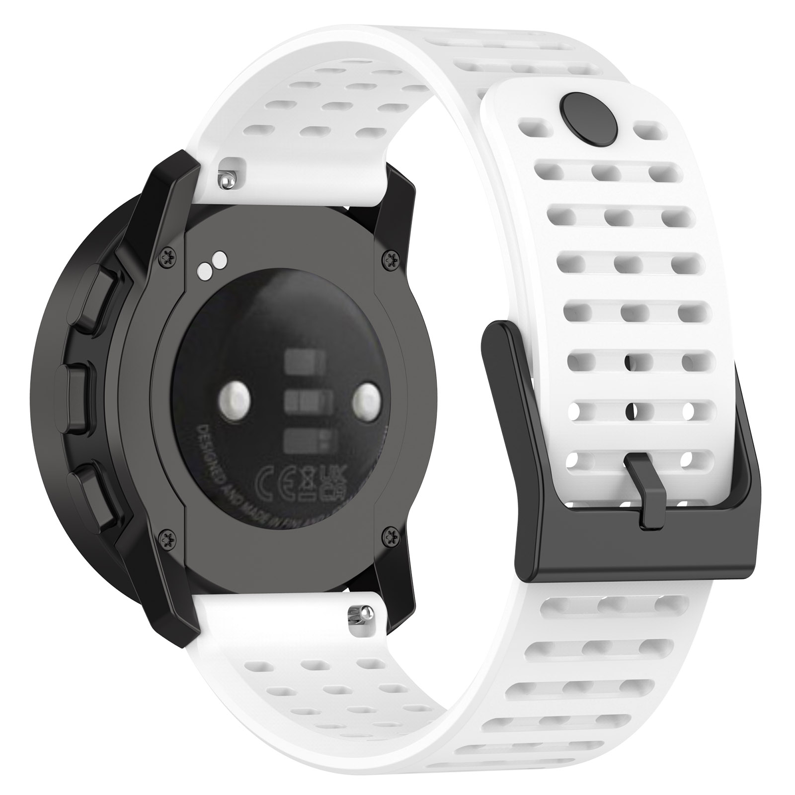 Rückansicht einer schwarz-weißen Smartwatch, mit weißem Armband und schwarzer Schnalle.