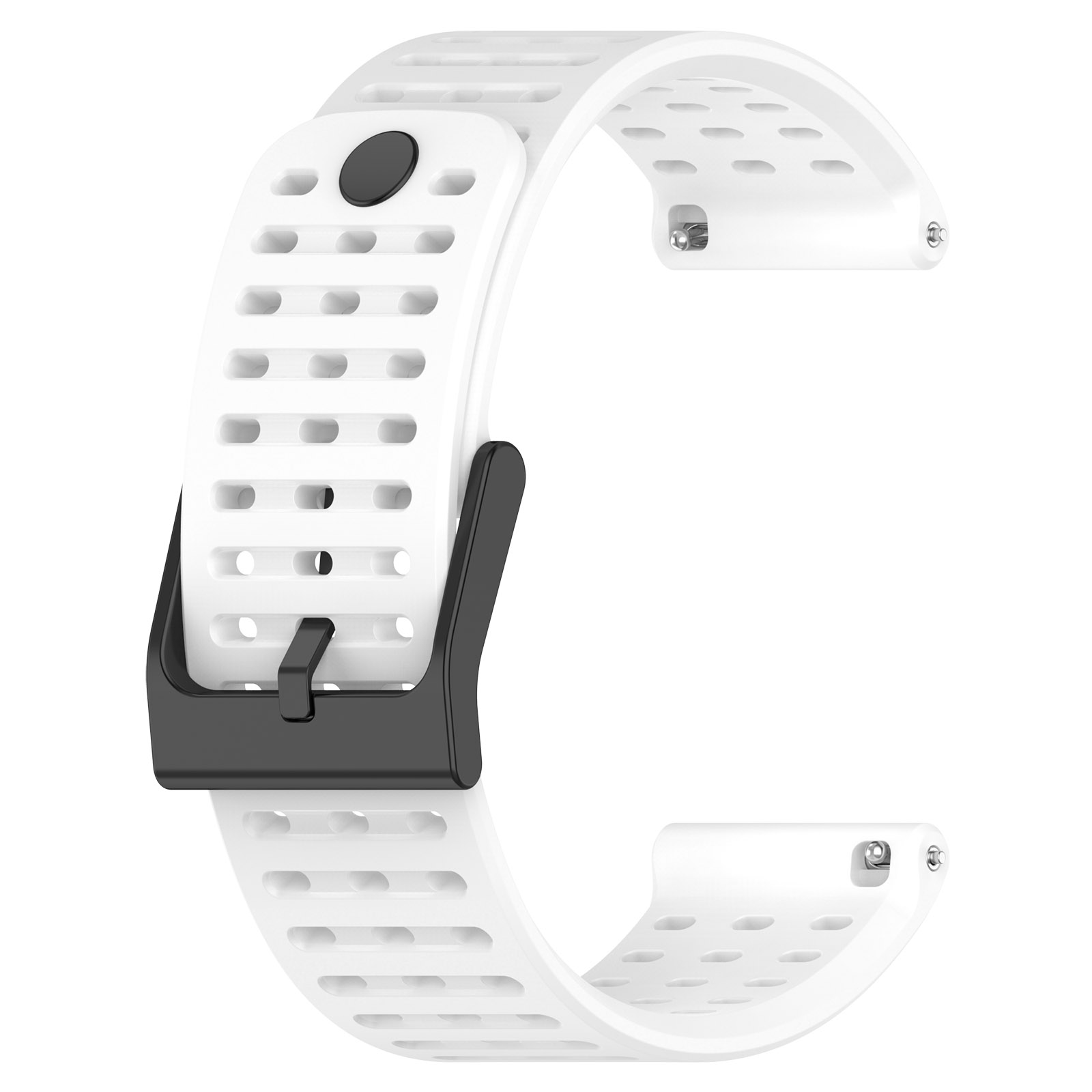Weißes Uhrenarmband mit schwarzer Schnalle und Löchern. Perforiertes Design am Band.