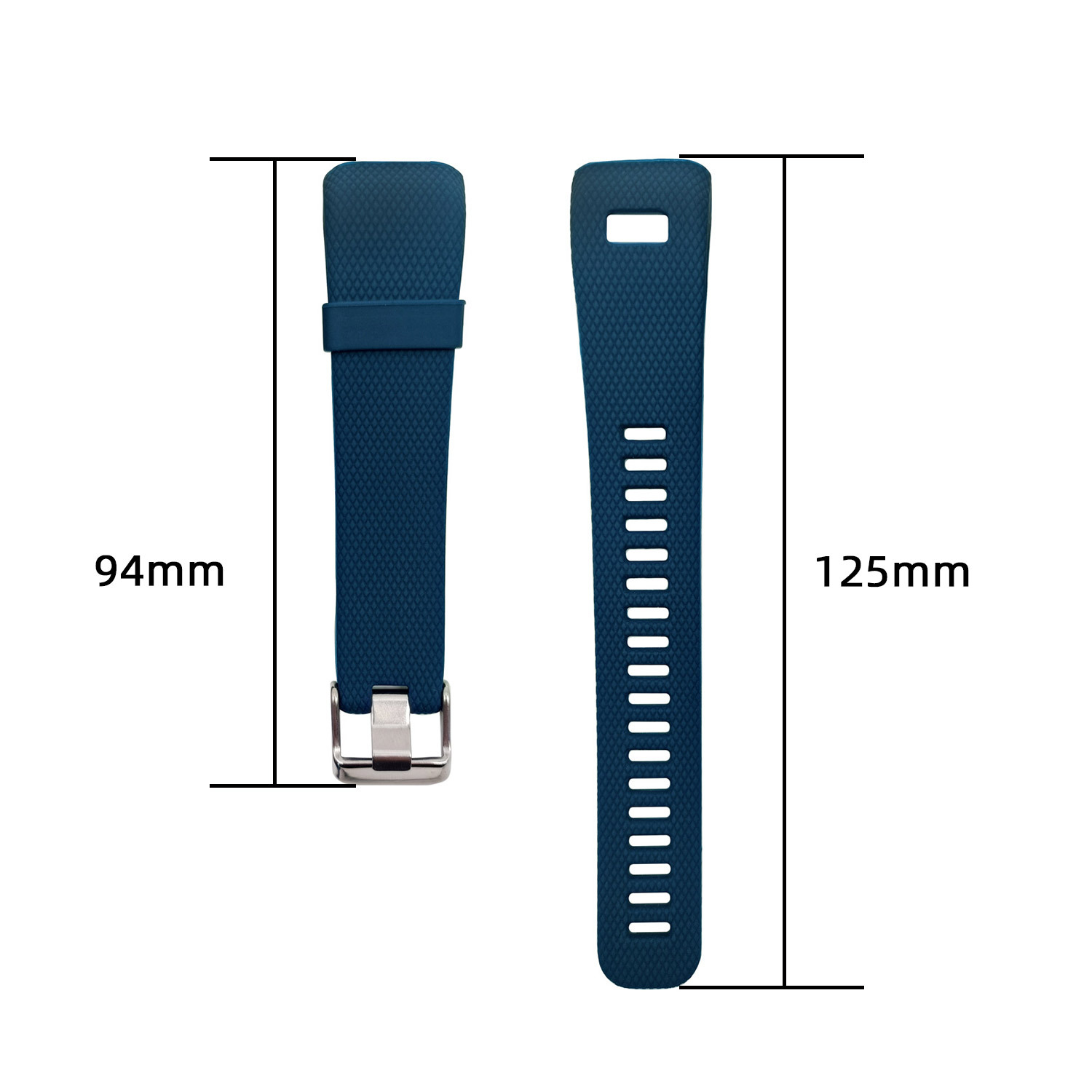 Zwei dunkelblaue Uhrenarmbänder, eins mit Schnalle. Maße 94mm und 125mm sind sichtbar.