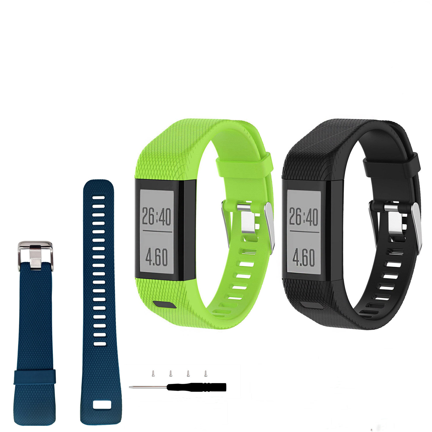 Smartwatch-Armbänder und Werkzeuge. Ein blaues, zwei grüne und schwarze Armbänder. Weißer Hintergrund.