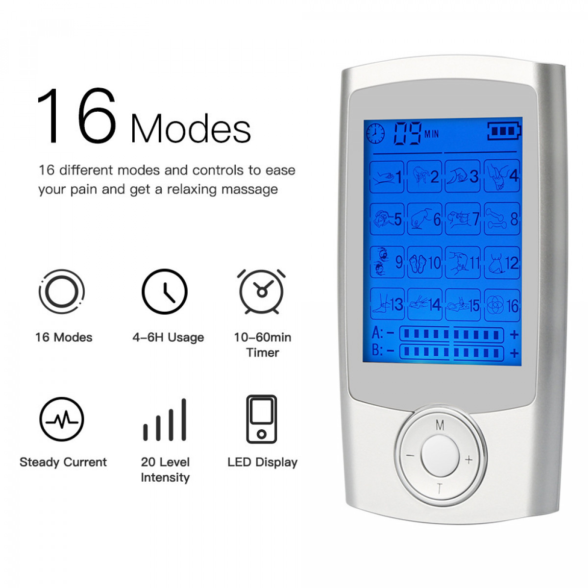Silver electronic pain relief device with buttons, screen, and icons, on a white background.