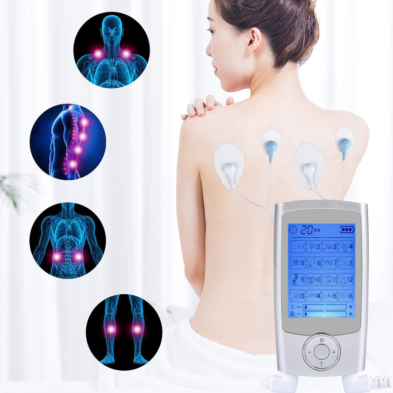 A woman with electrode pads on her back, connected to a device displaying settings.