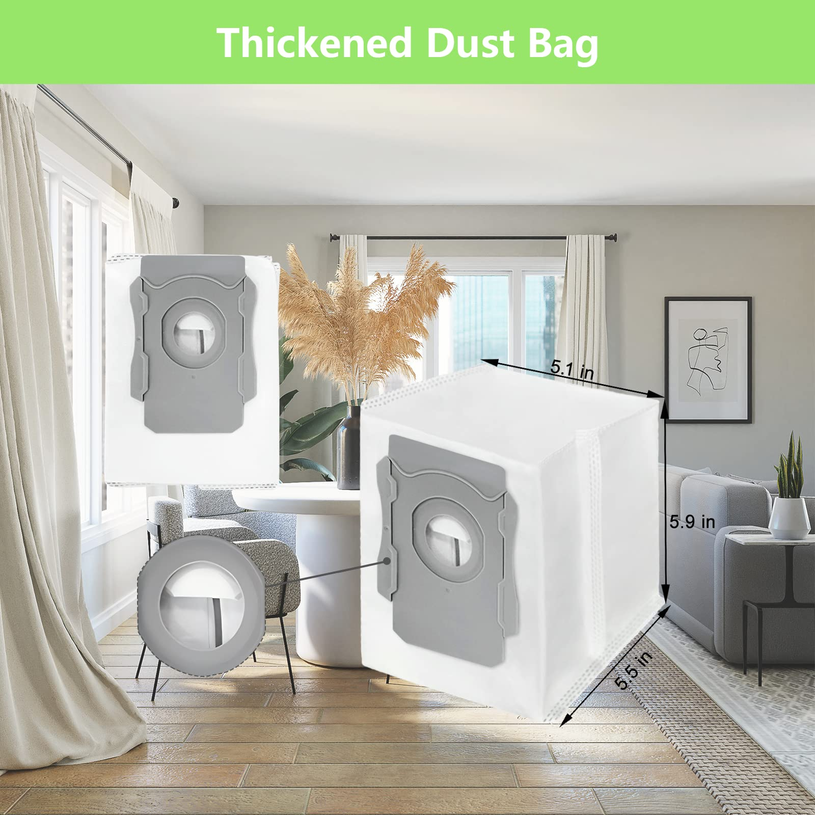 Biały worek do odkurzacza z wymiarami w otoczeniu salonu.