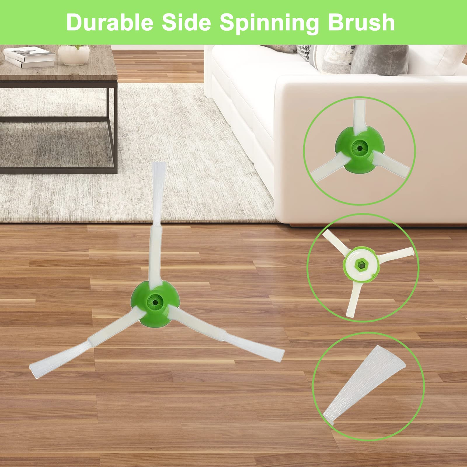 Zbliżenie szczotki bocznej robota sprzątającego, pokazujące jej części. Scena na drewnianej podłodze.