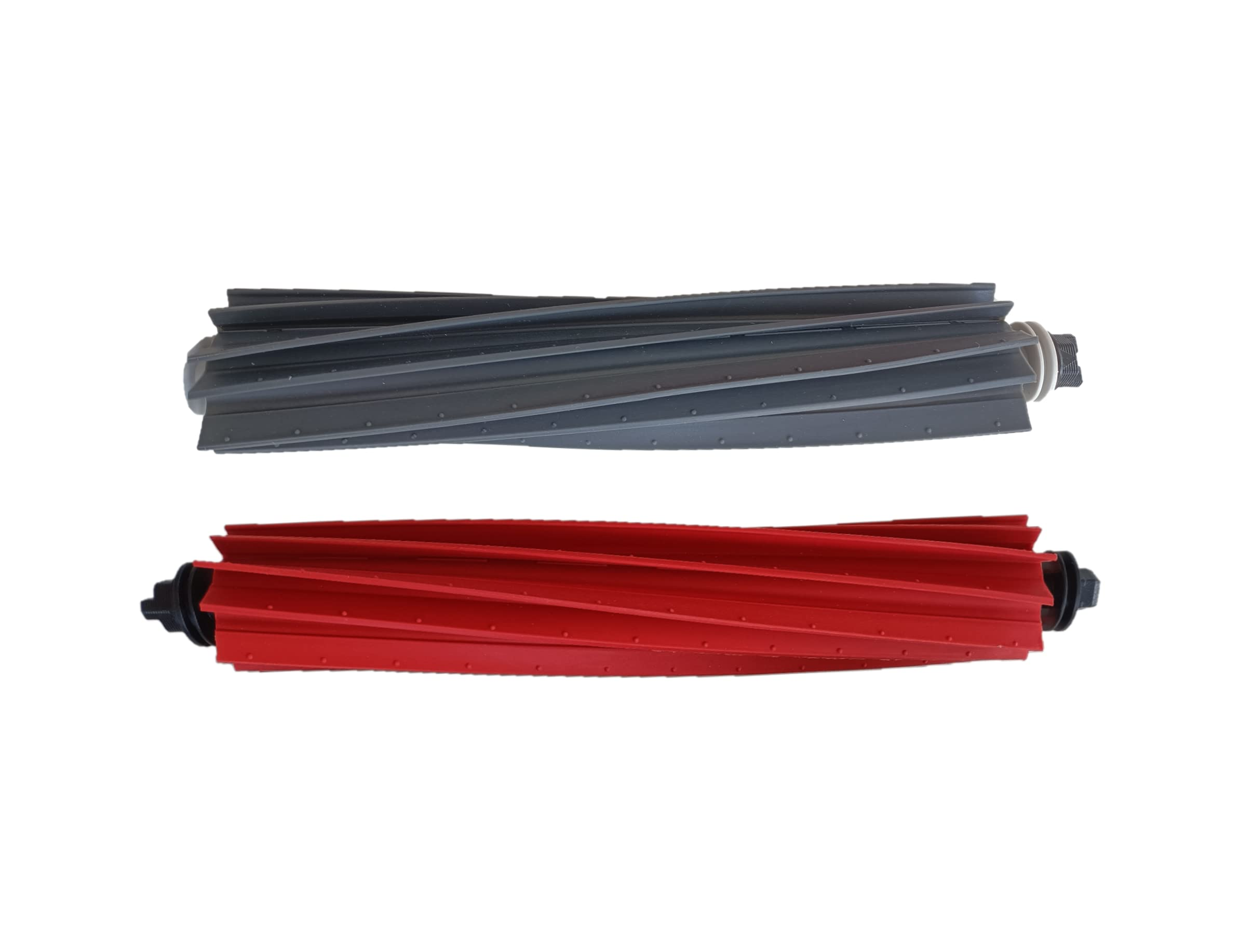 Dwie cylindryczne szczotki do odkurzacza: jedna szara, druga czerwona, leżące obok siebie na białym tle.