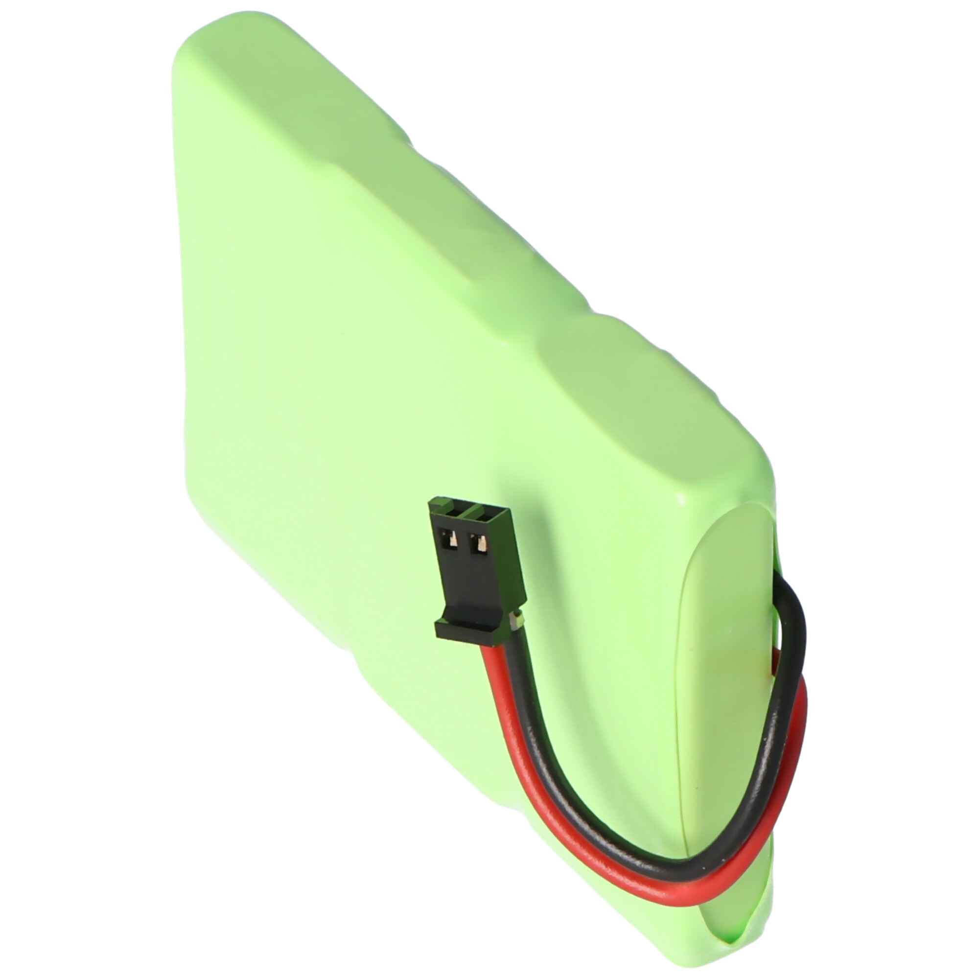 Ein hellgrüner rechteckiger Akku mit schwarzen und roten Drähten, die an einem schwarzen Stecker befestigt sind.