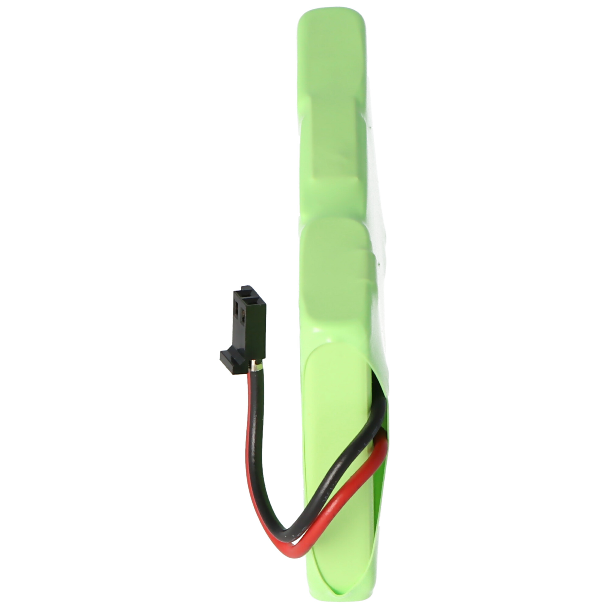 Ein grünes Akku-Pack mit schwarzem Stecker und roten und schwarzen Drähten.