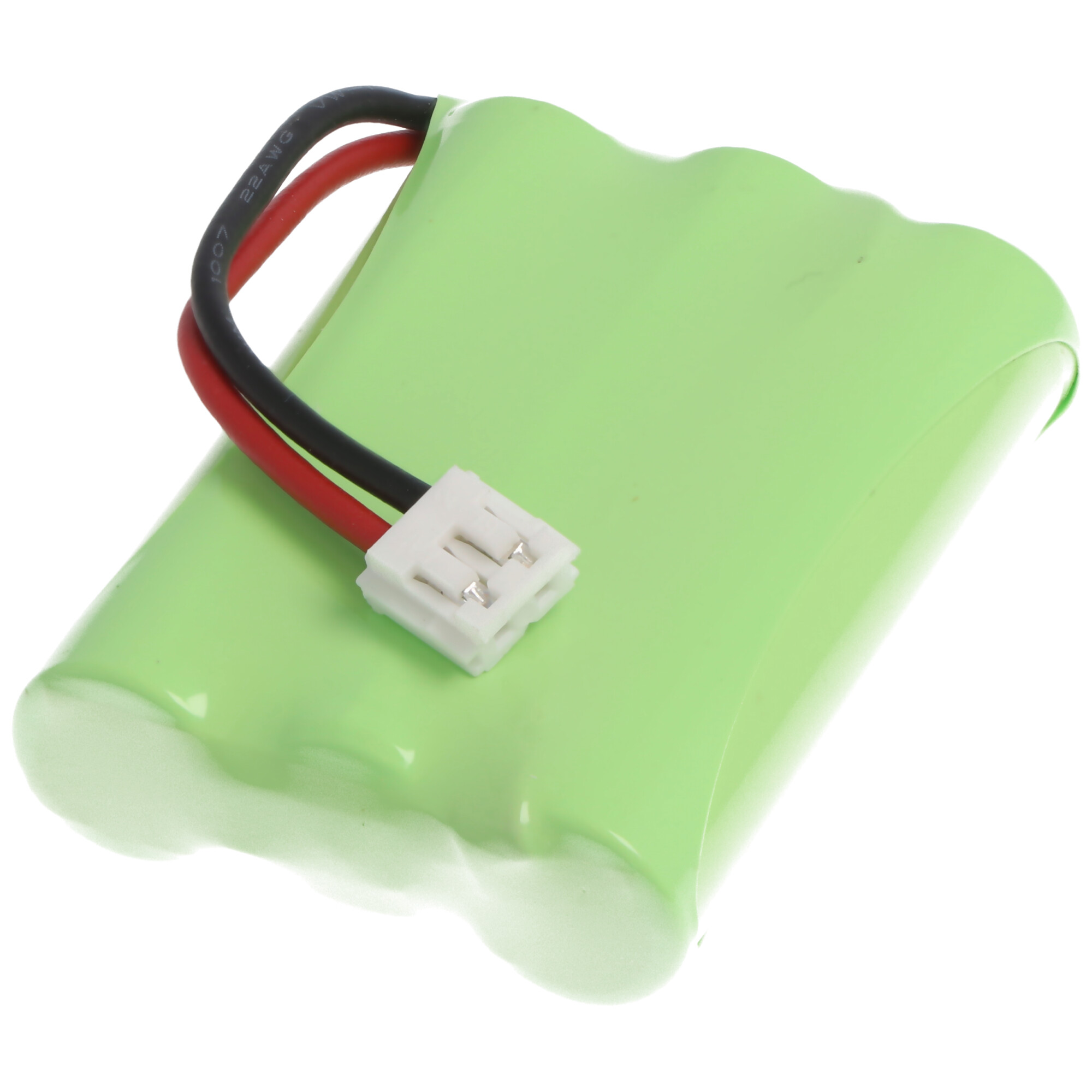 Grünes Batteriemodul mit roten und schwarzen Drähten, die an einen weißen Stecker angeschlossen sind.