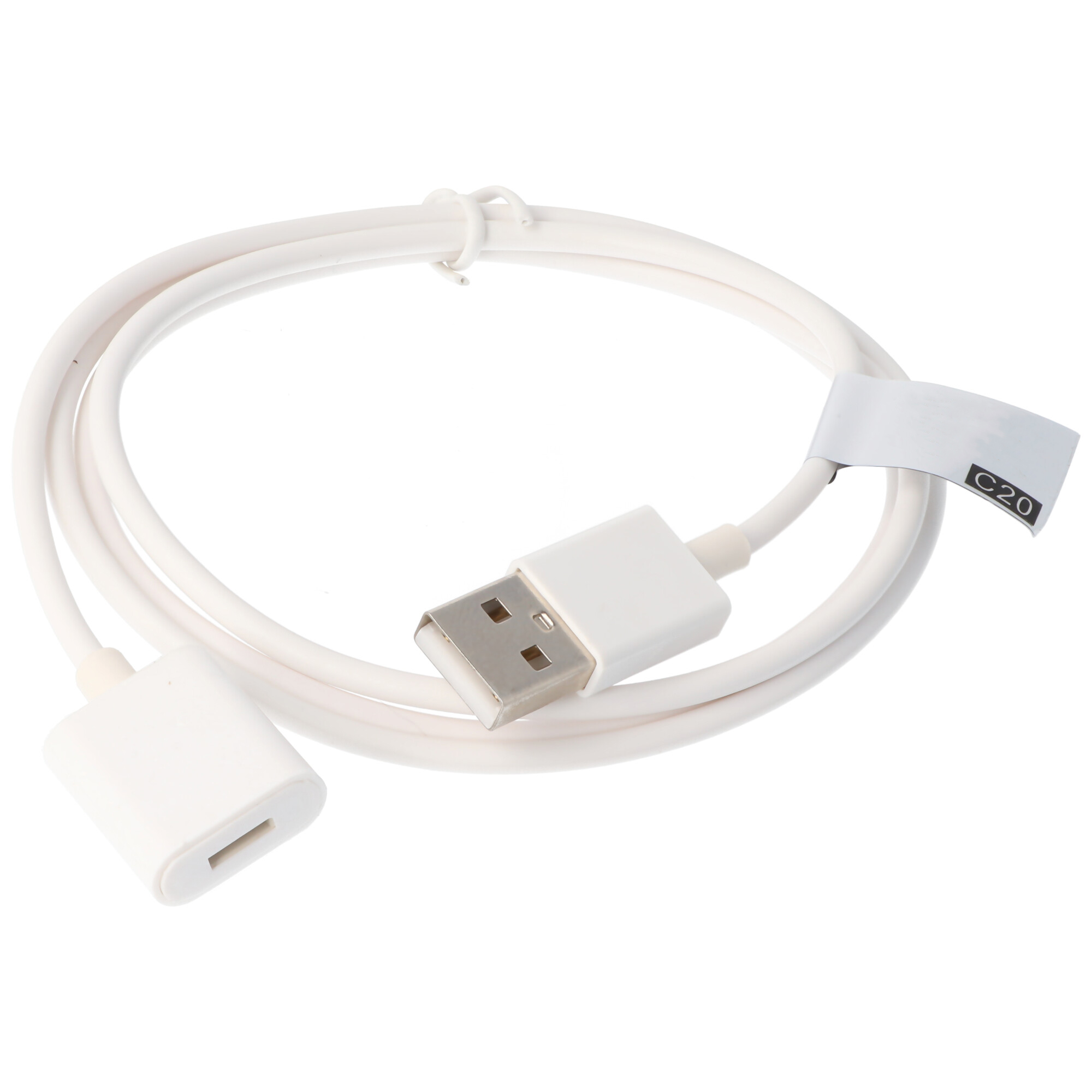 Weißes USB-Kabel mit einem USB-A-Anschluss und einem kleineren Anschluss. Etikett: C20.