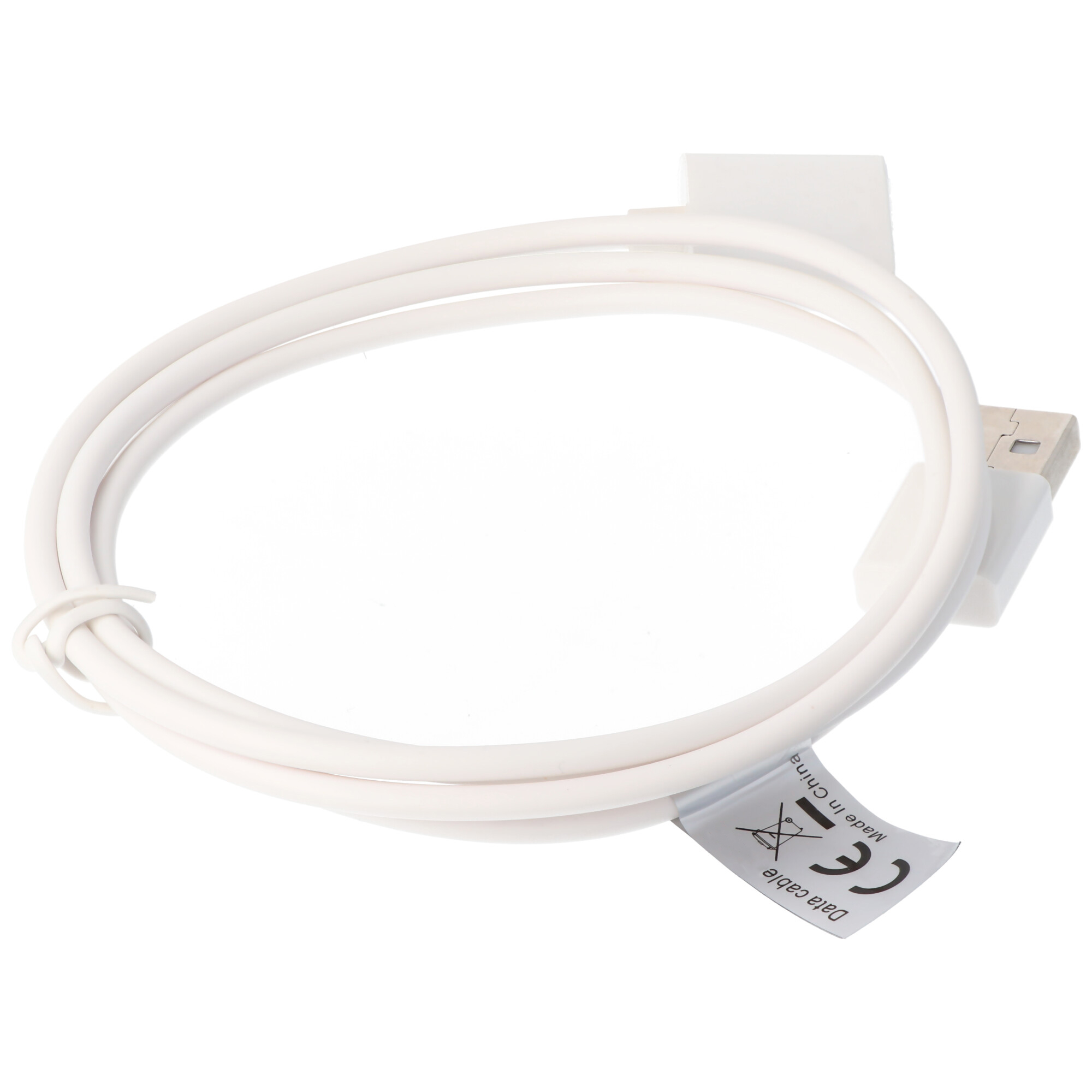 Weißes Datenkabel mit USB-Anschluss, Etikett und anderen Anschlüssen.
