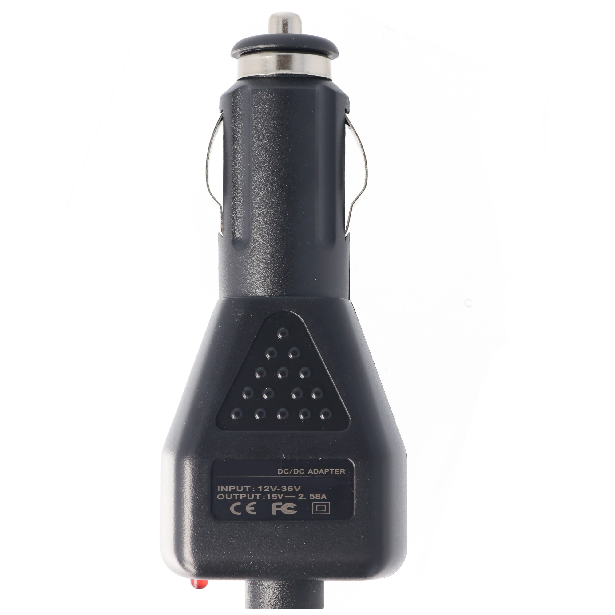 Schwarzer Auto-Adapter mit Eingangs-/Ausgangsdaten und rotem Licht.