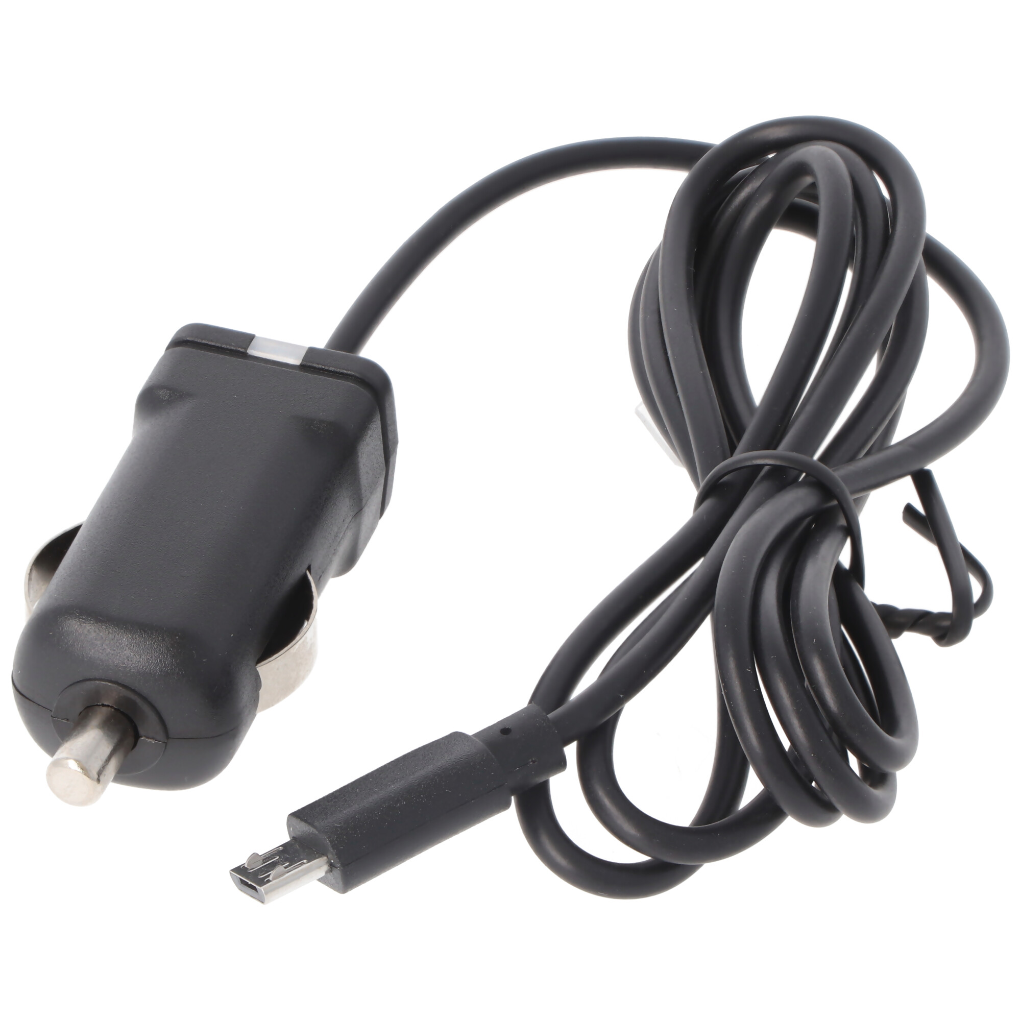 Schwarzer Autoladeadapter mit angeschlossenem USB-Kabel.
