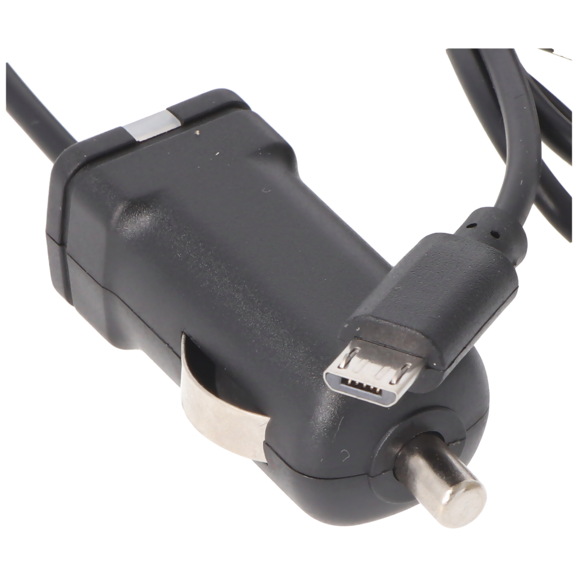 Schwarzes Autoladegerät mit USB-C-Anschluss und silbernem Ring, weißer Hintergrund.