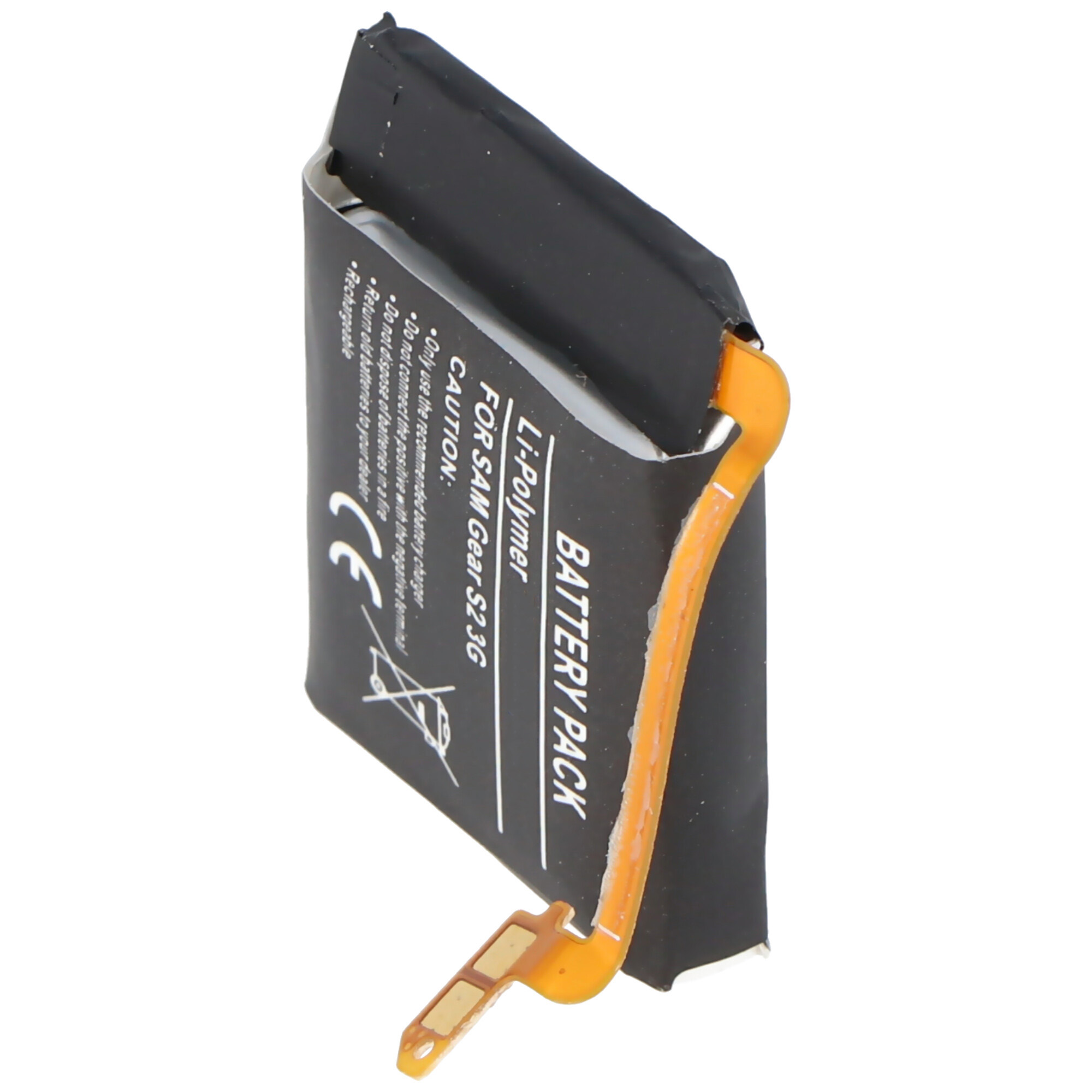 Ein schwarzes Akkupack mit der Aufschrift 'Li-Polymer' und 'Battery Pack' mit Warnhinweisen.