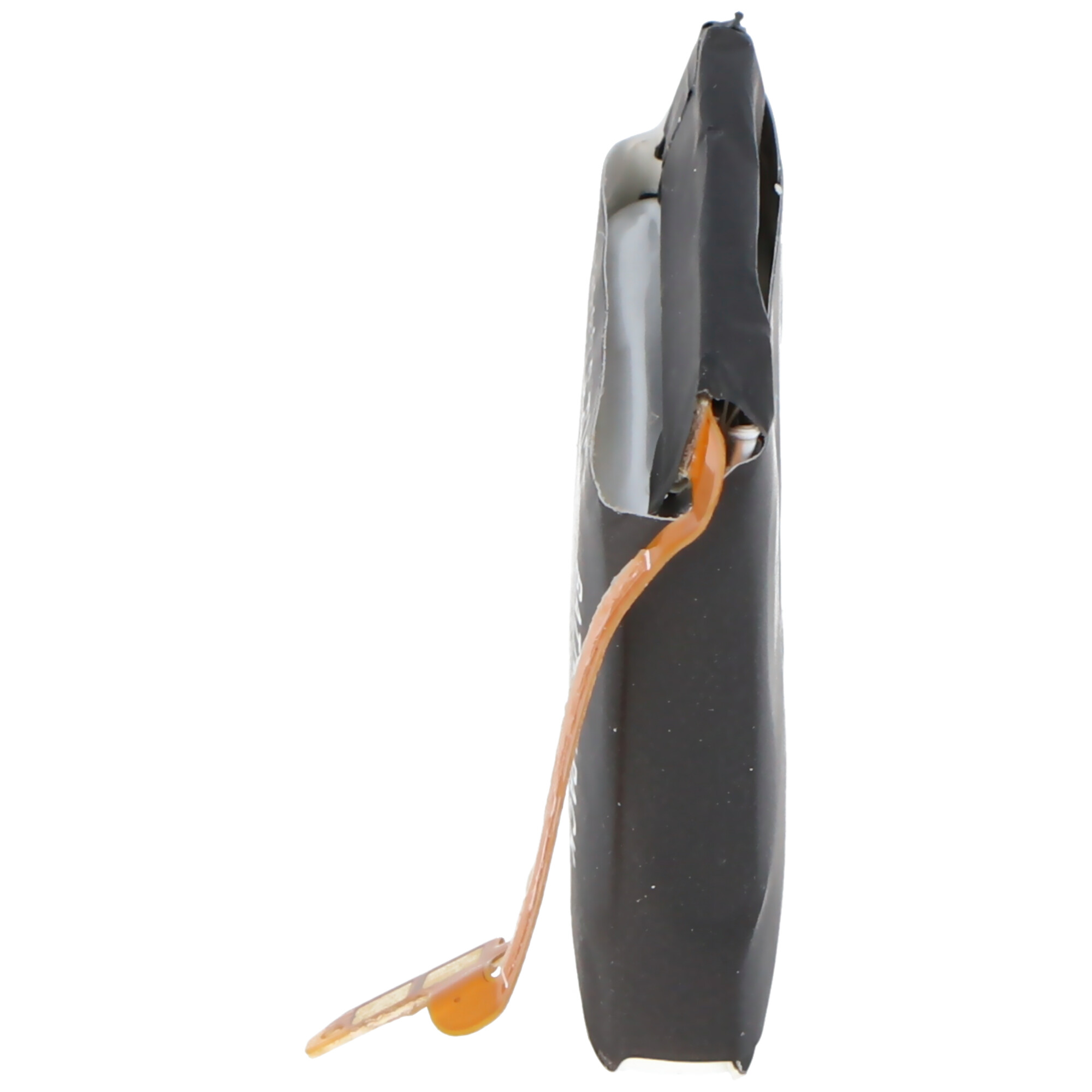 Schwarze Batterie mit orangem Draht. Es ist beschädigt und die Innenteile sind freigelegt.