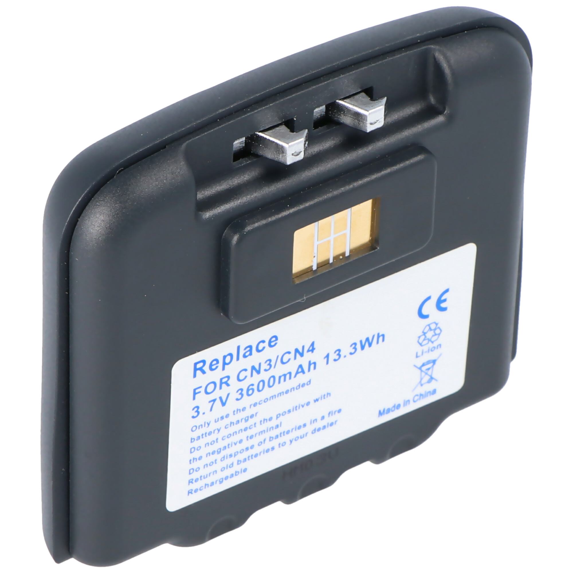Eine schwarze 3,7V 3600mAh 13,3Wh Batterie mit weißem Etikett und Stecker oben.