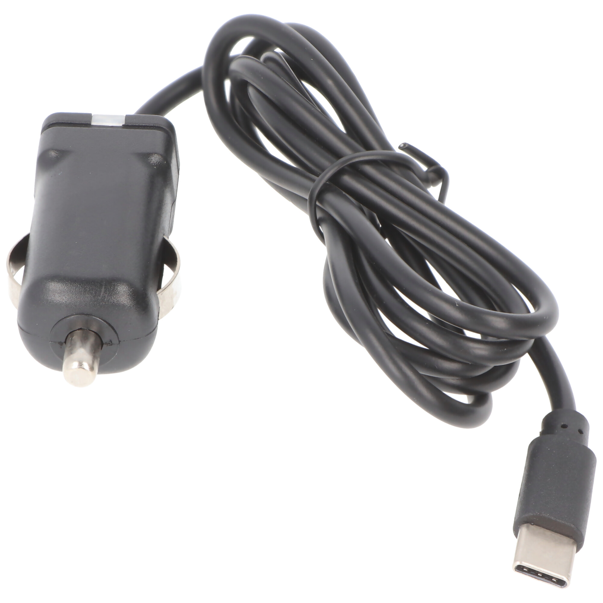 Schwarzes Autoladegerät mit schwarzem Kabel und USB-C-Anschluss.