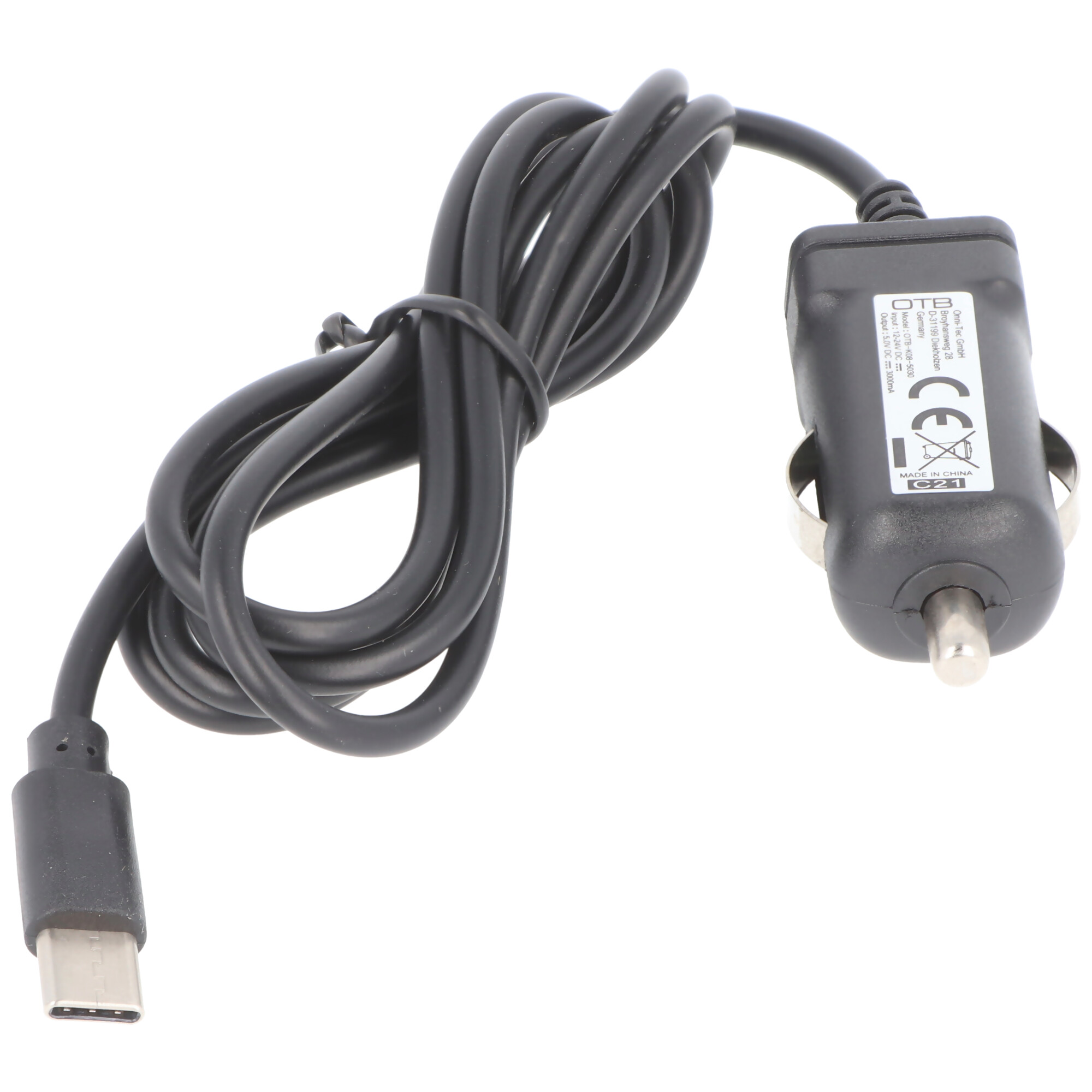 Schwarzes USB-C-Autoladekabel.