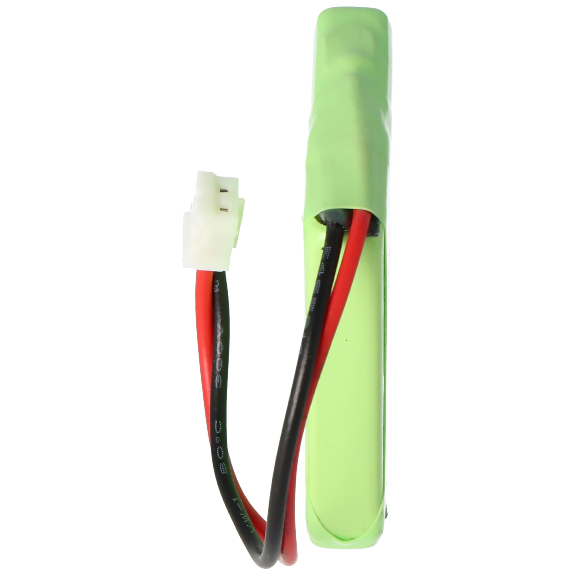 Eine grüne Batterie mit roten und schwarzen Drähten und einem weißen Stecker.