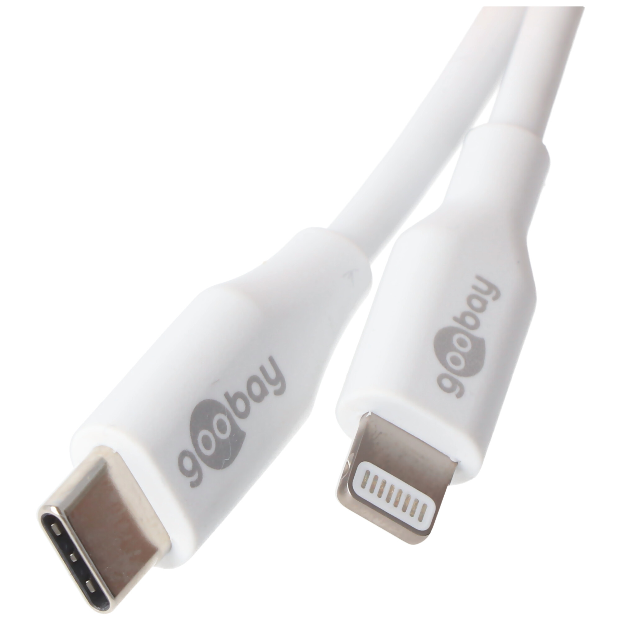 Weißes Kabel mit USB-C- und Lightning-Anschluss. Das Wort 'goobay' an jedem Ende.