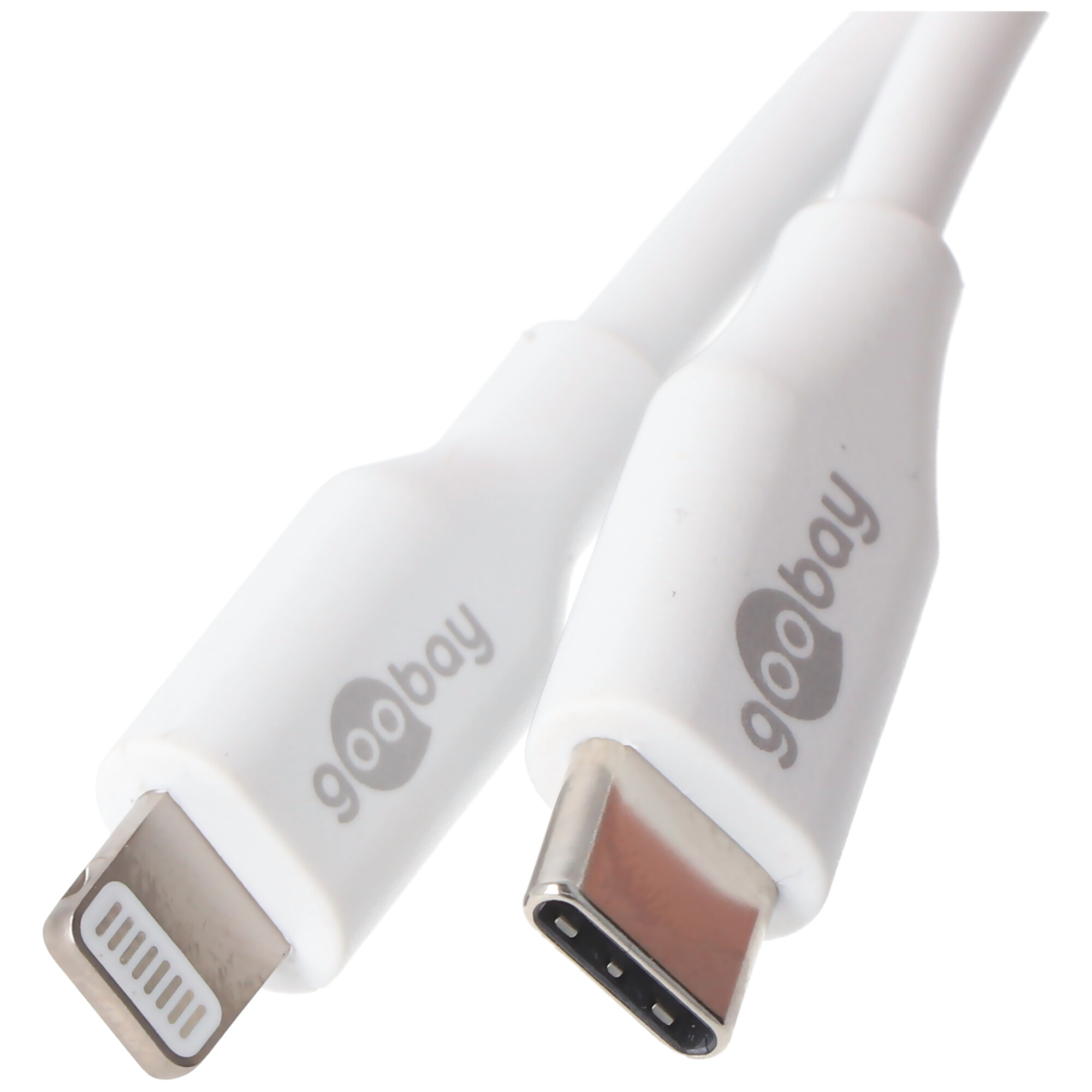 Weißes Ladekabel mit USB-C- und Lightning-Anschluss. Markenname 'goobay'.