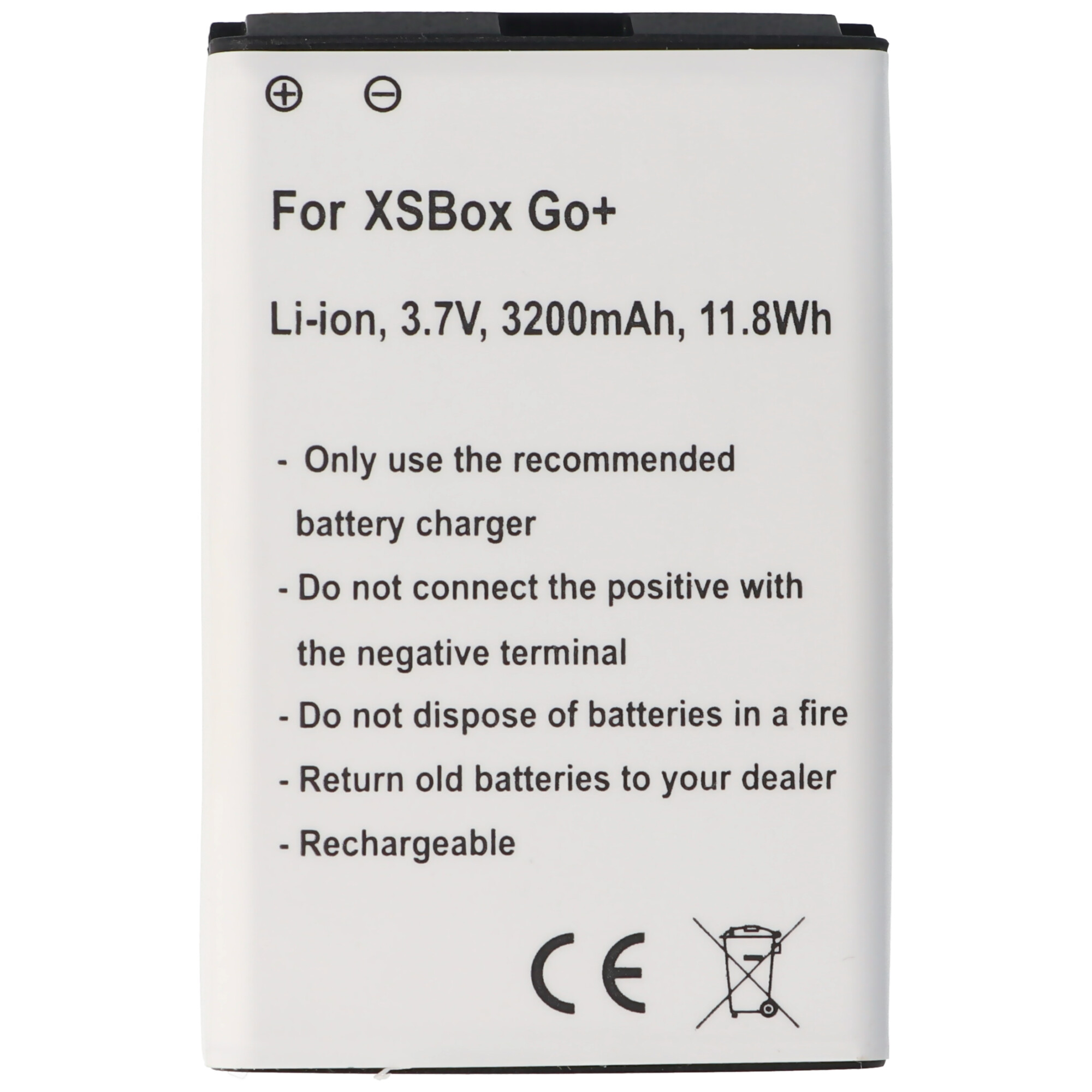 Eine weiße Batterie mit Text. Anweisungen auf der Batterie. CE-Symbol. Weißer Hintergrund.
