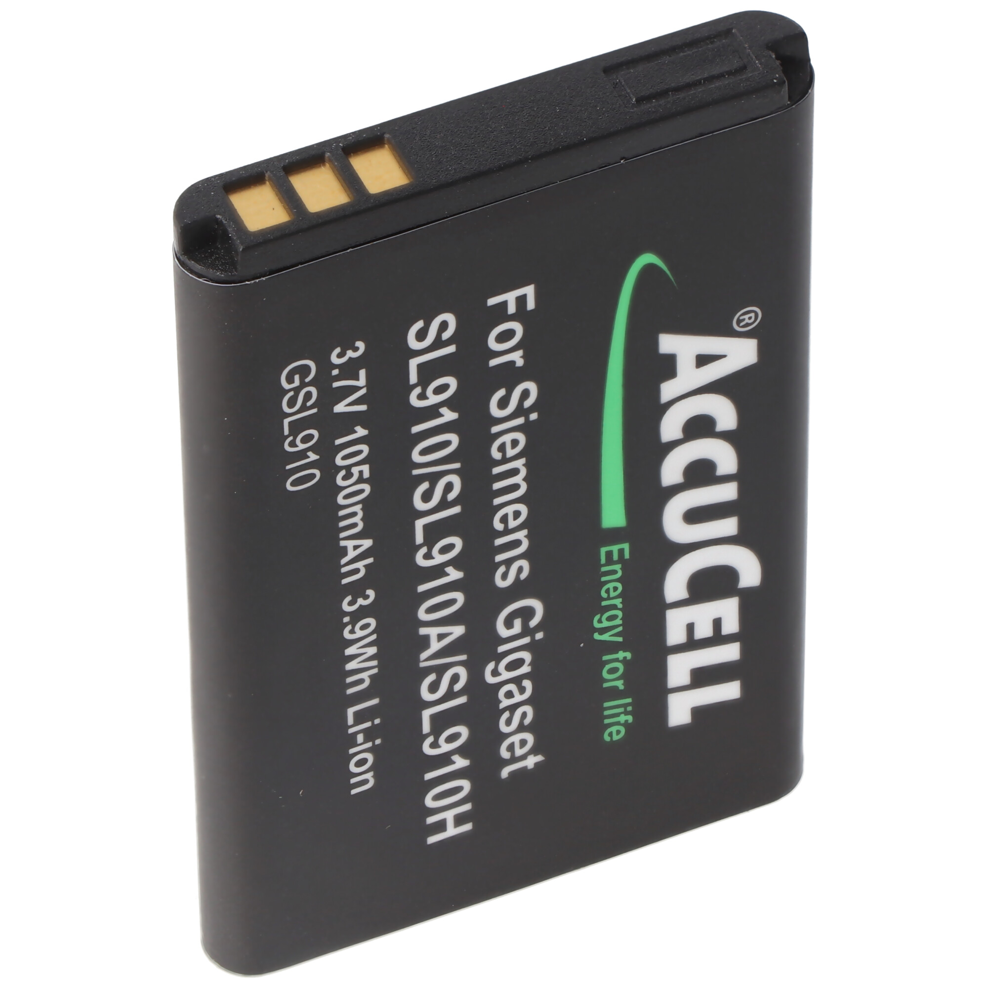 Ein schwarzer AccuCELL-Akku für Siemens Gigaset-Telefone. Text und Logo sind aufgedruckt.