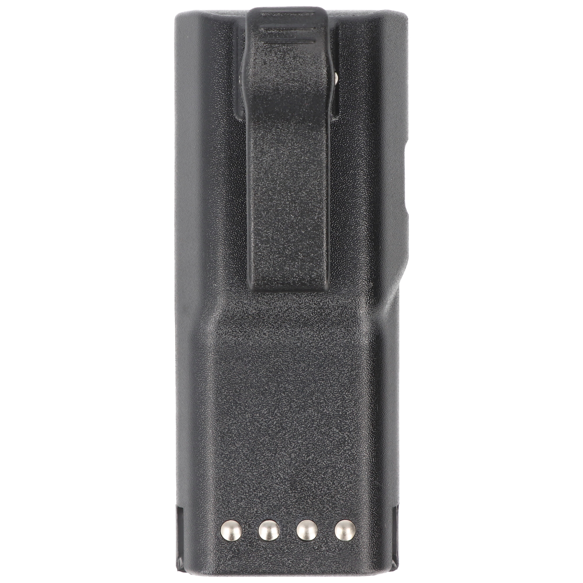 Schwarzes Akkupack mit Gürtelclip und silbernen Kontakten.