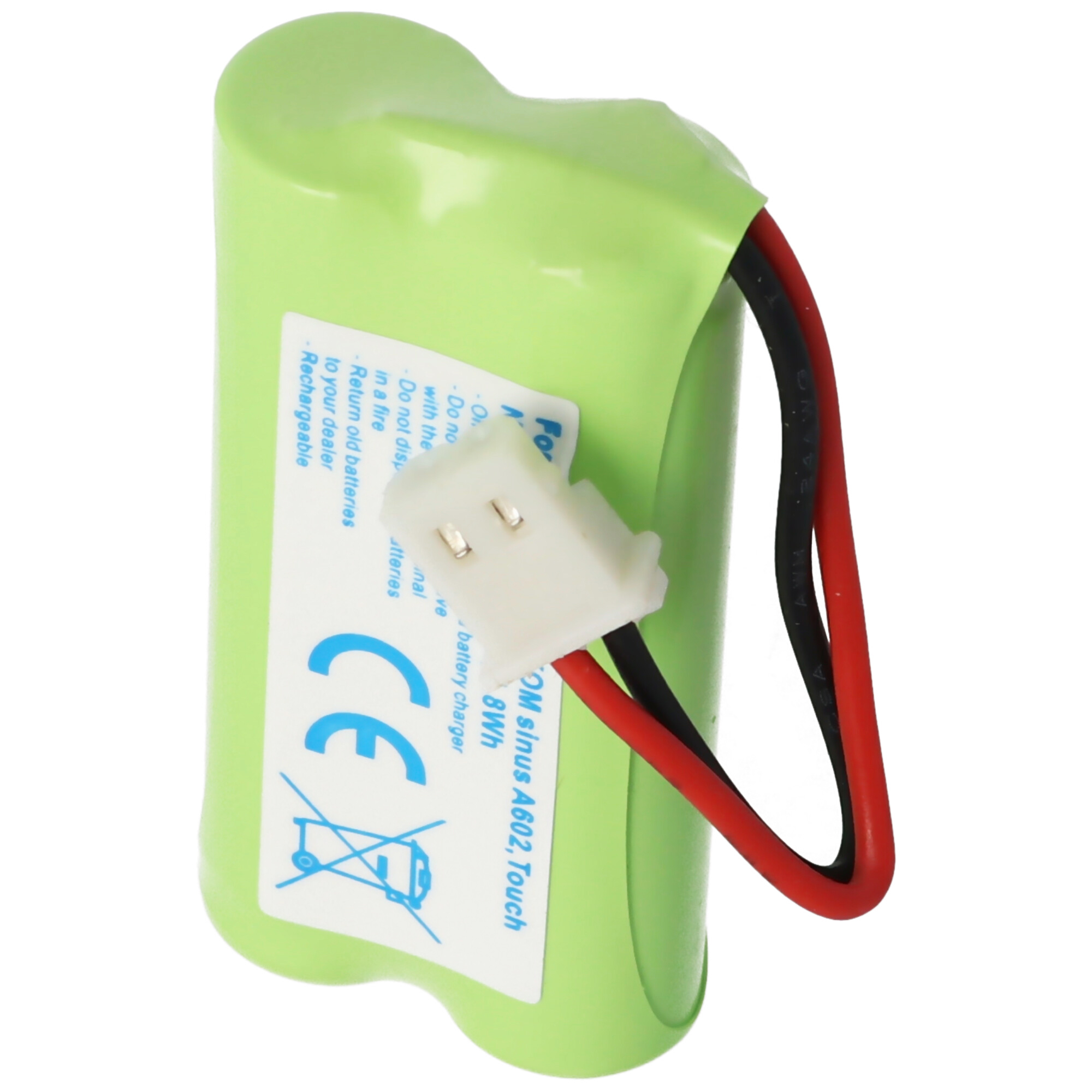 Eine grüne Batterie mit weißem Stecker und roten und schwarzen Drähten.