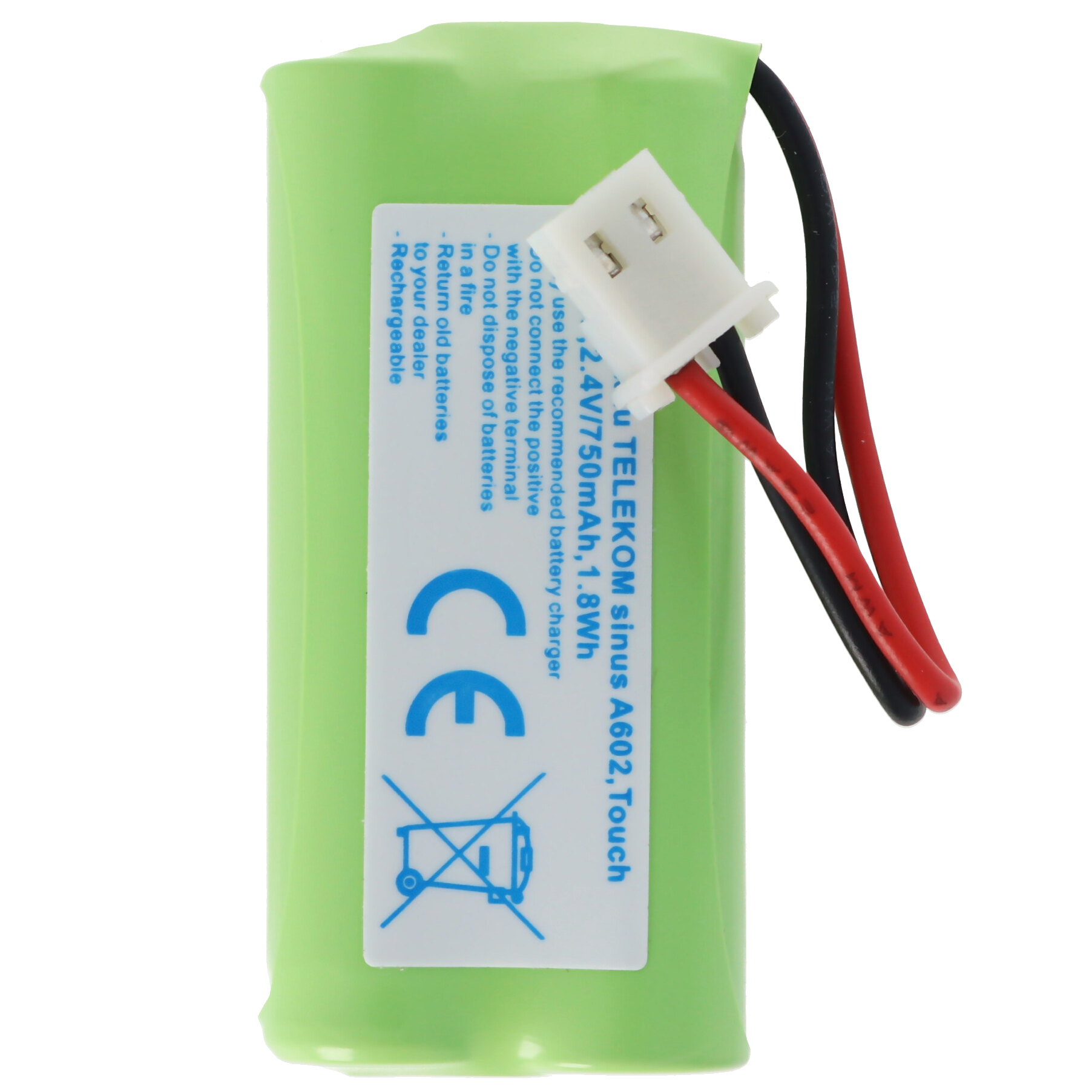 Grüne zylindrische Batterie mit schwarzen und roten Drähten. Weißer Stecker oben. Text auf der Batterie.