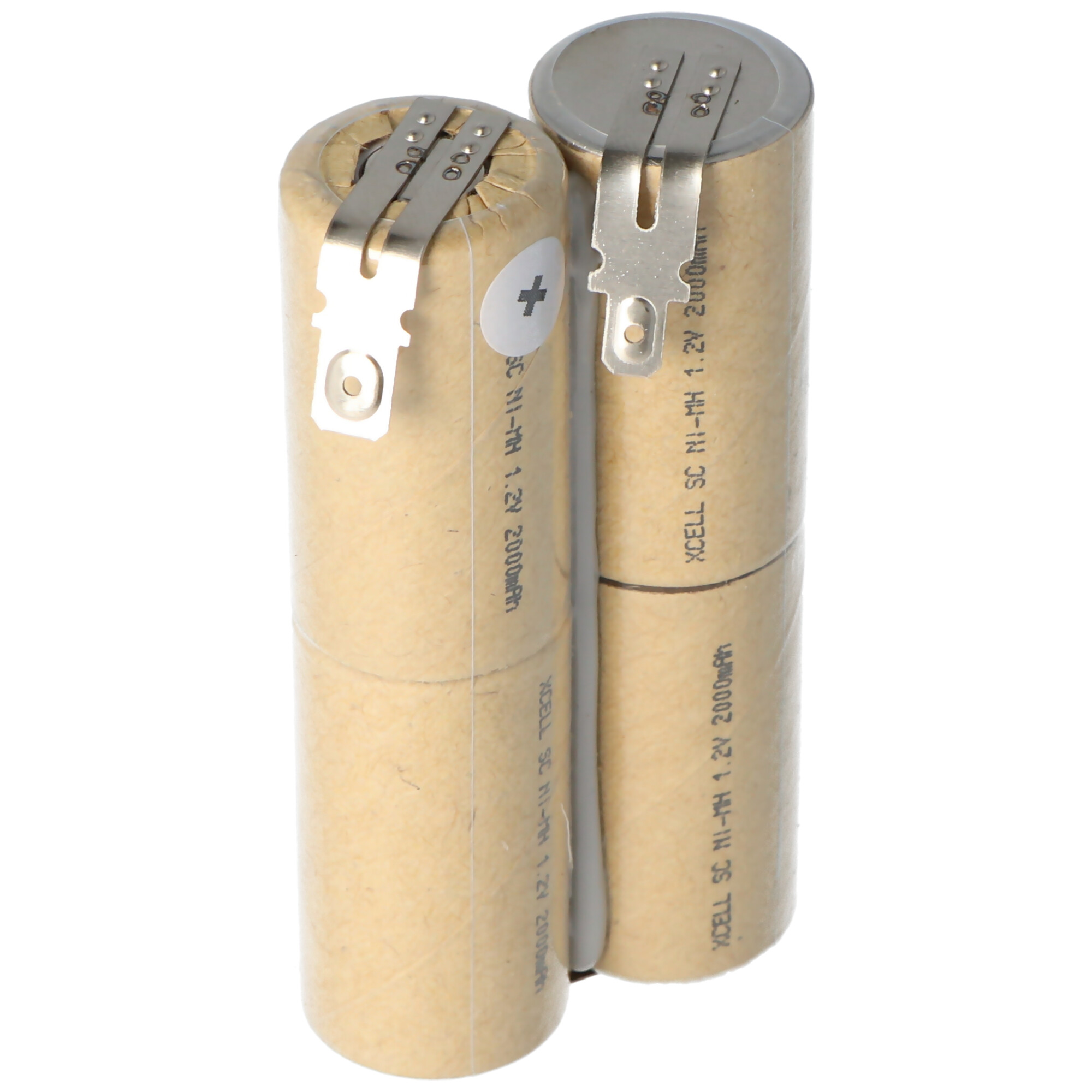 Zwei zylindrische Batterien, papierverpackt und Metallkontakte.