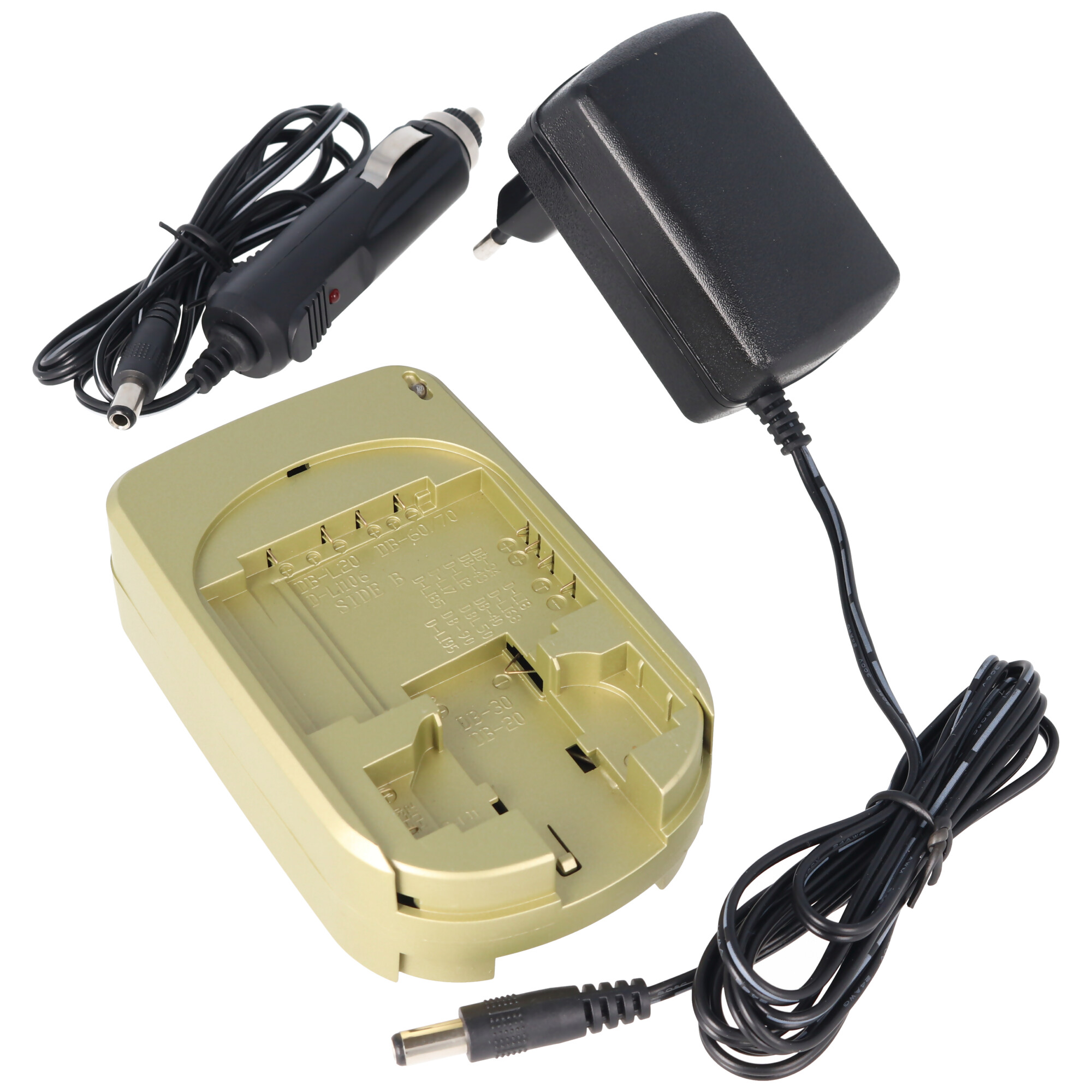 Goldenes Ladegerät mit Auto- und Wandsteckern, schwarze Kabel. Ein DC-Ladegerät ist ebenfalls vorhanden.