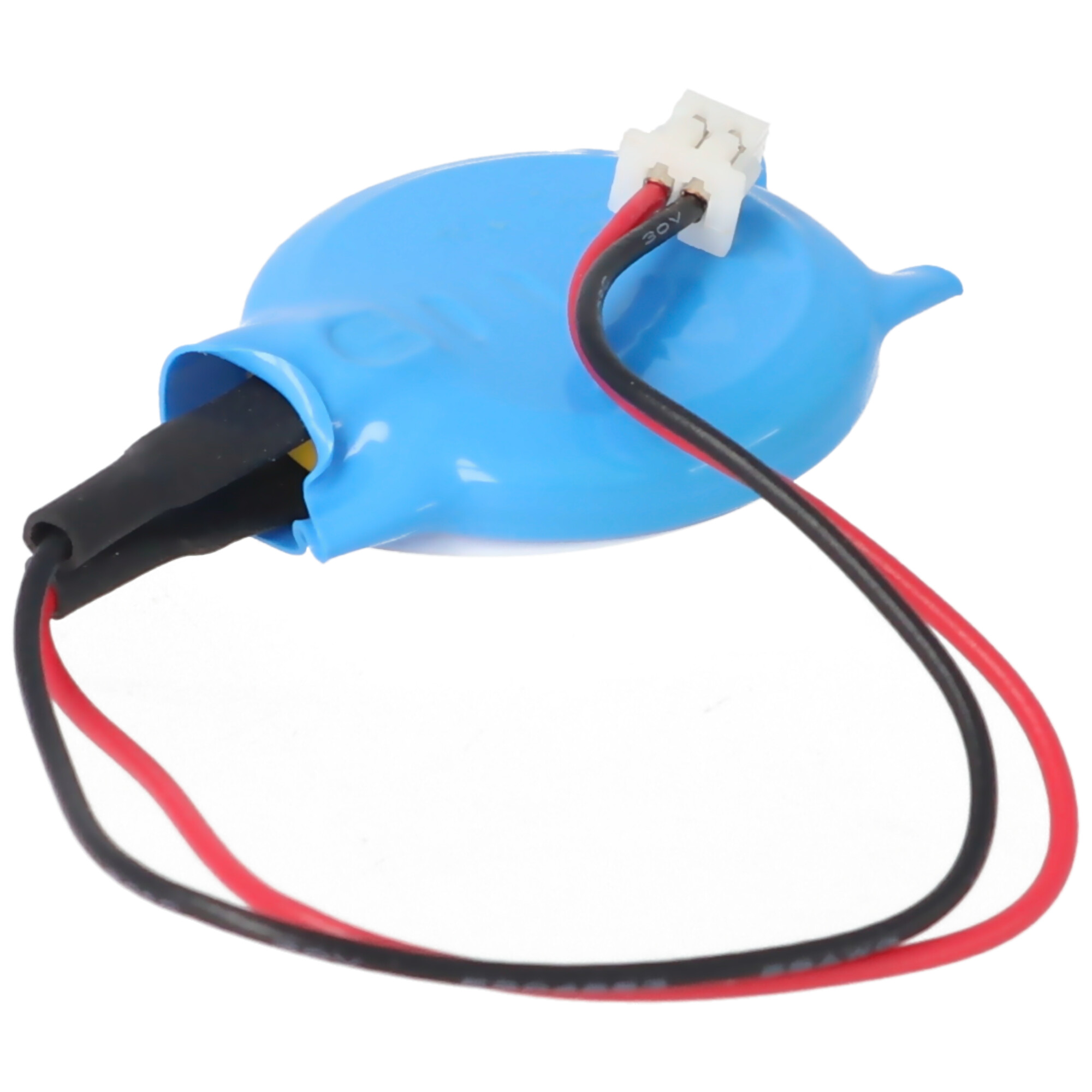 Eine blaue Batterie mit roten und schwarzen Drähten, die an einem weißen Stecker befestigt sind.