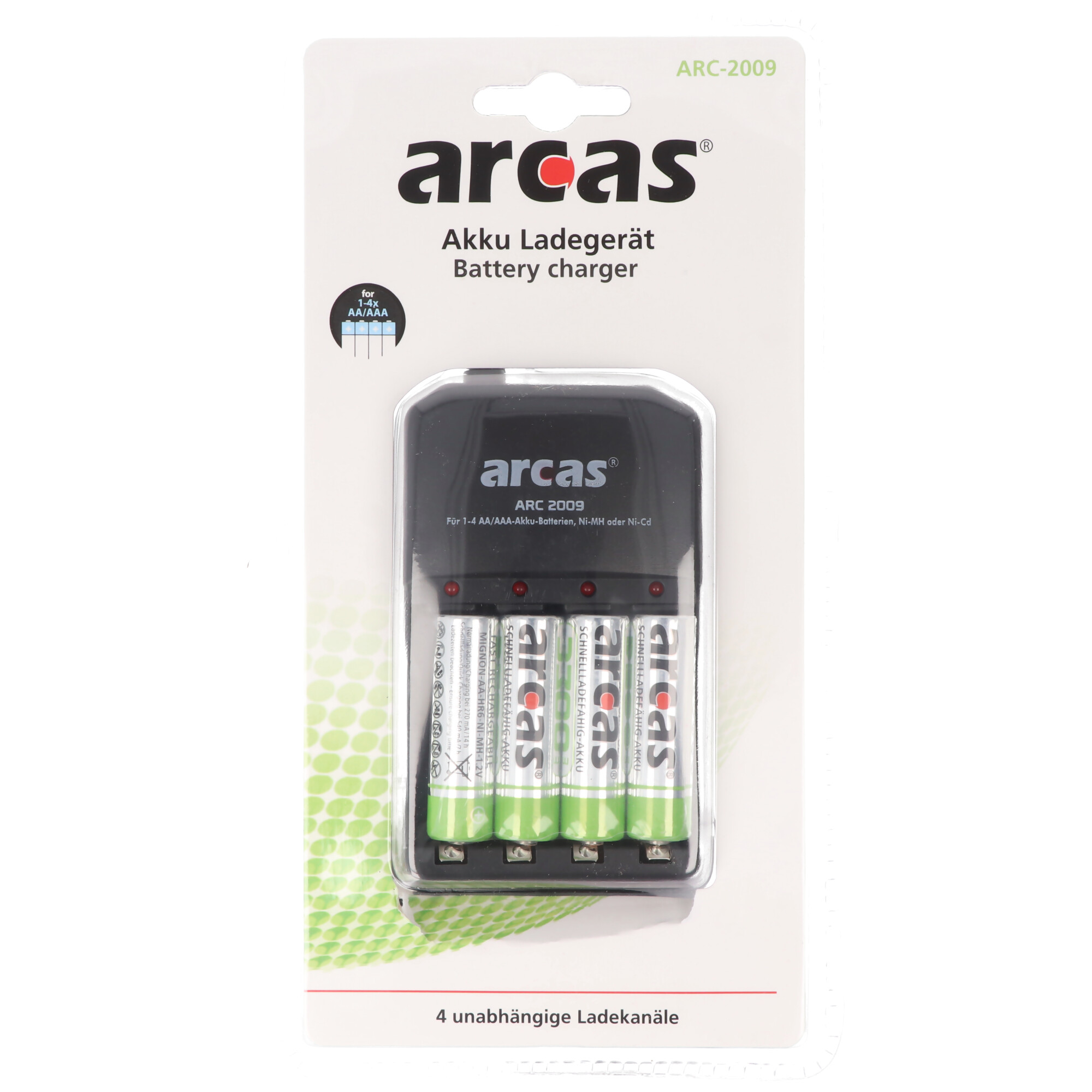 Ein Batterieladegerät mit vier AA-Batterien im Inneren, verpackt in einer Blisterpackung mit dem Markennamen Arcas.