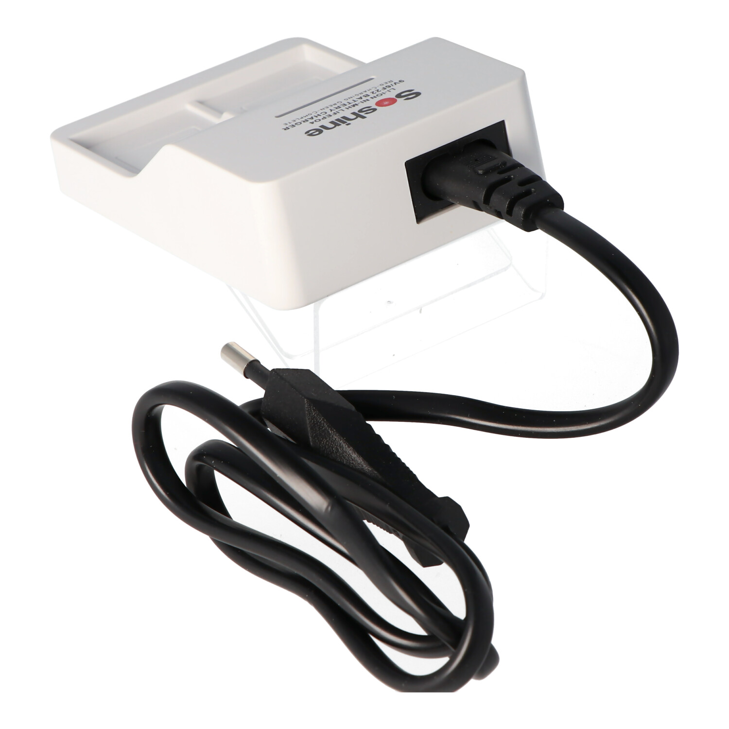 Weißes Ladegerät mit schwarzem Kabel und Stecker. Roter Text 'SoShine' auf dem Ladegerät.