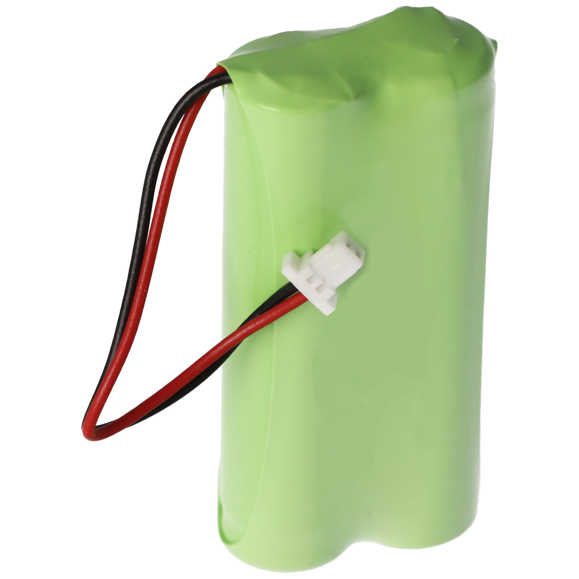 Grüne Batterie mit roten und schwarzen Drähten und einem weißen Stecker.