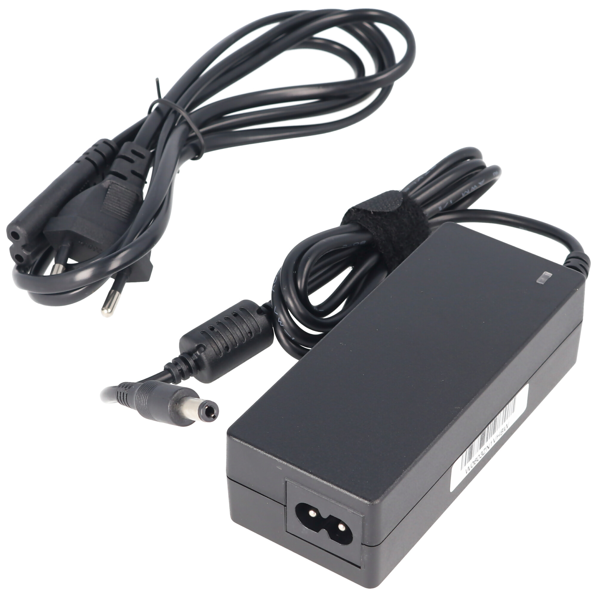 Schwarzes Laptop-Ladegerät mit Kabel und Stecker.