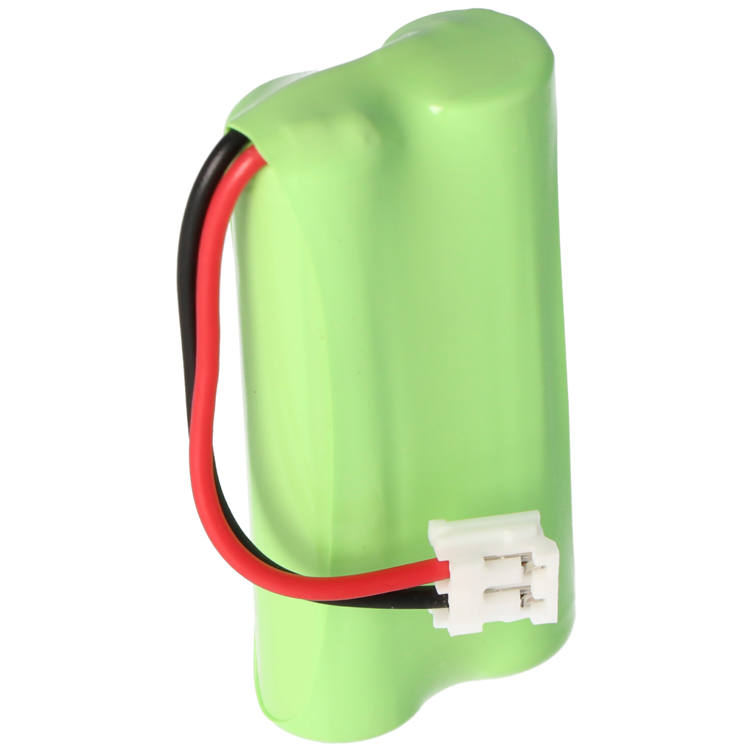 Grüner Akku mit schwarzen und roten Drähten und einem weißen Stecker.