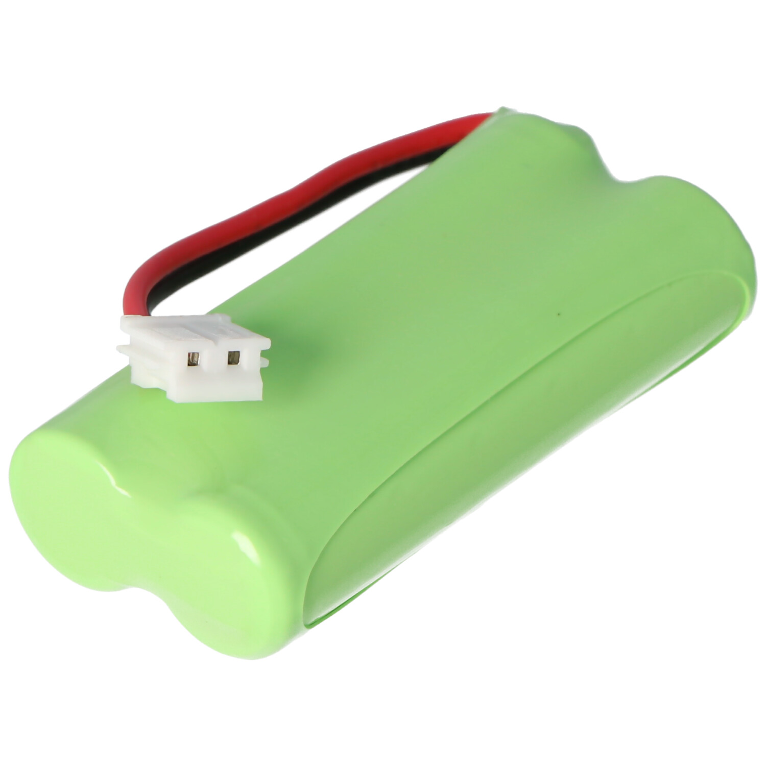 Grüne Batterie mit roten und schwarzen Drähten, die mit einem weißen Stecker verbunden sind.