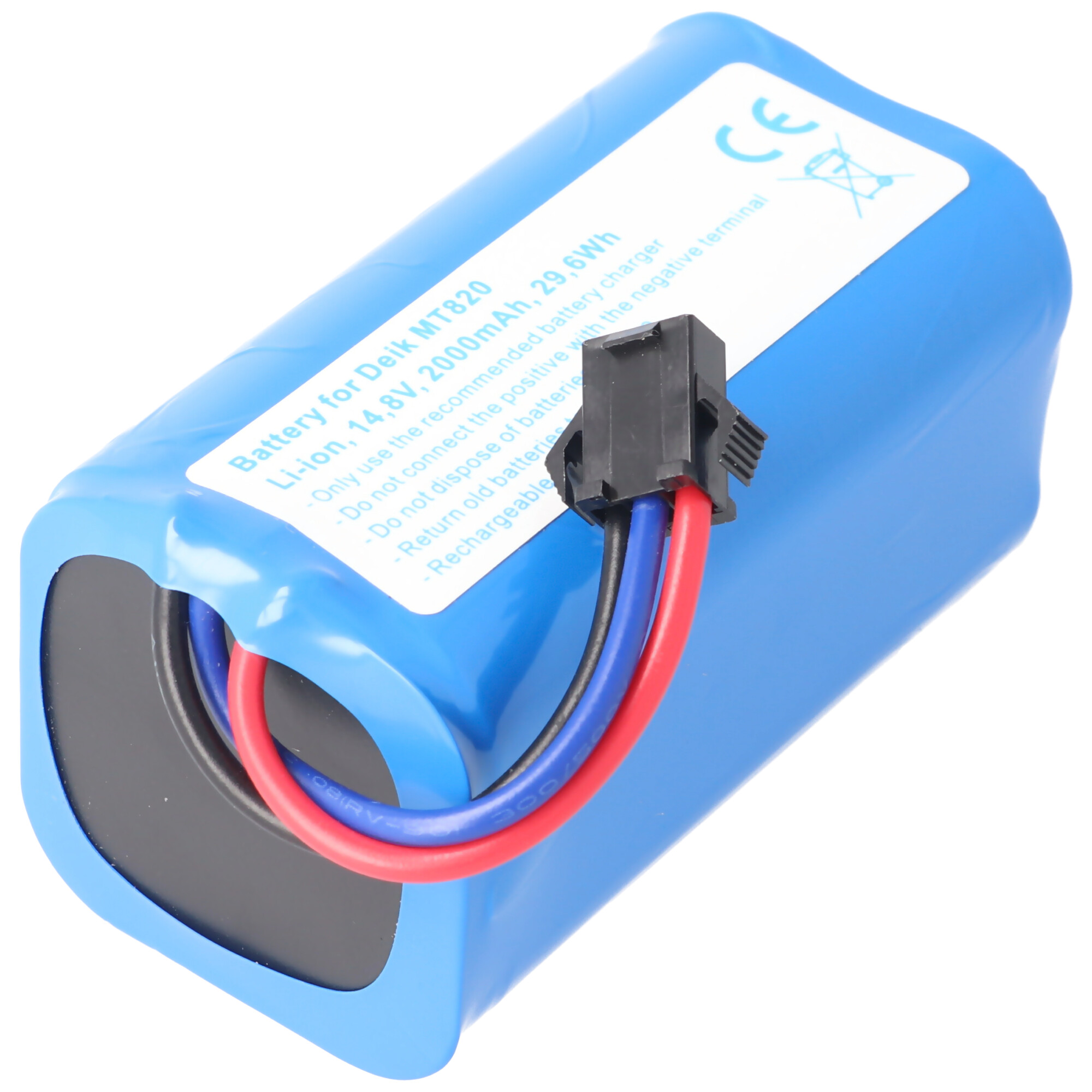 Blaue rechteckige Batterie mit schwarzem Stecker und rot/blauen Drähten. Weißes Etikett mit Text auf der Seite.
